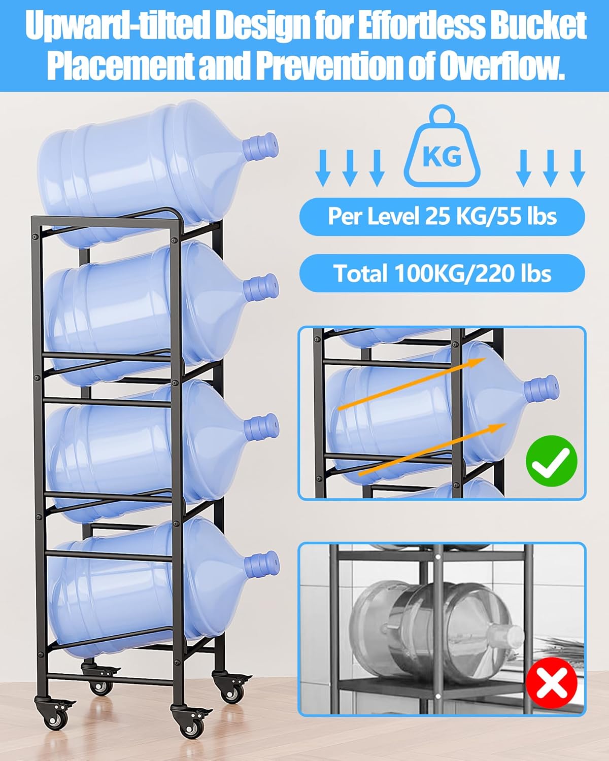 Heavy Duty 4 Tier Water Rack with 4 Wheels - Space Saving Stand for Four 5 Gallon Jugs, Black