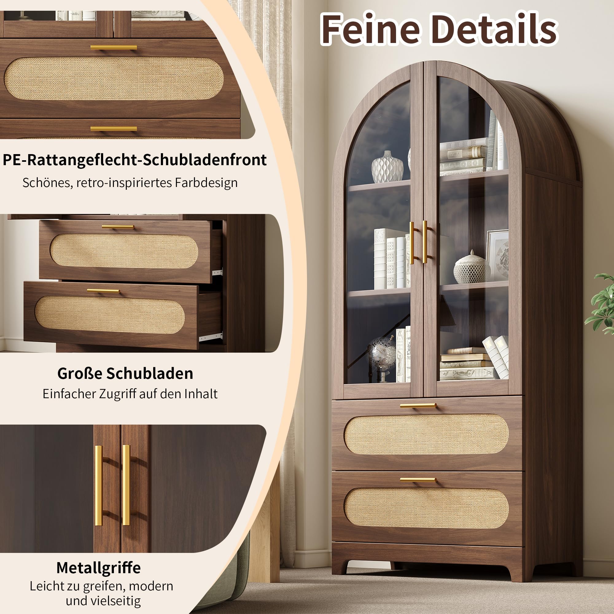 Vitrine mit Montmartre-Bogen, 175X80X40cm, Bücherregal mit 2 Schubladen & verstellbaren Böden, Retro-Design, Nussbaum