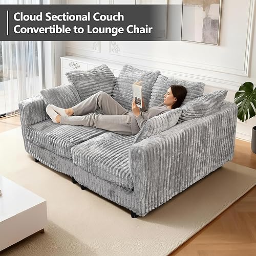 Miniatura 4 de Sofá modular Cloud de 104 pulgadas, sofá convertible de gran tamaño, sofá de pana de felpa con 6 almohadas suaves, sofás de espuma viscoelástica de