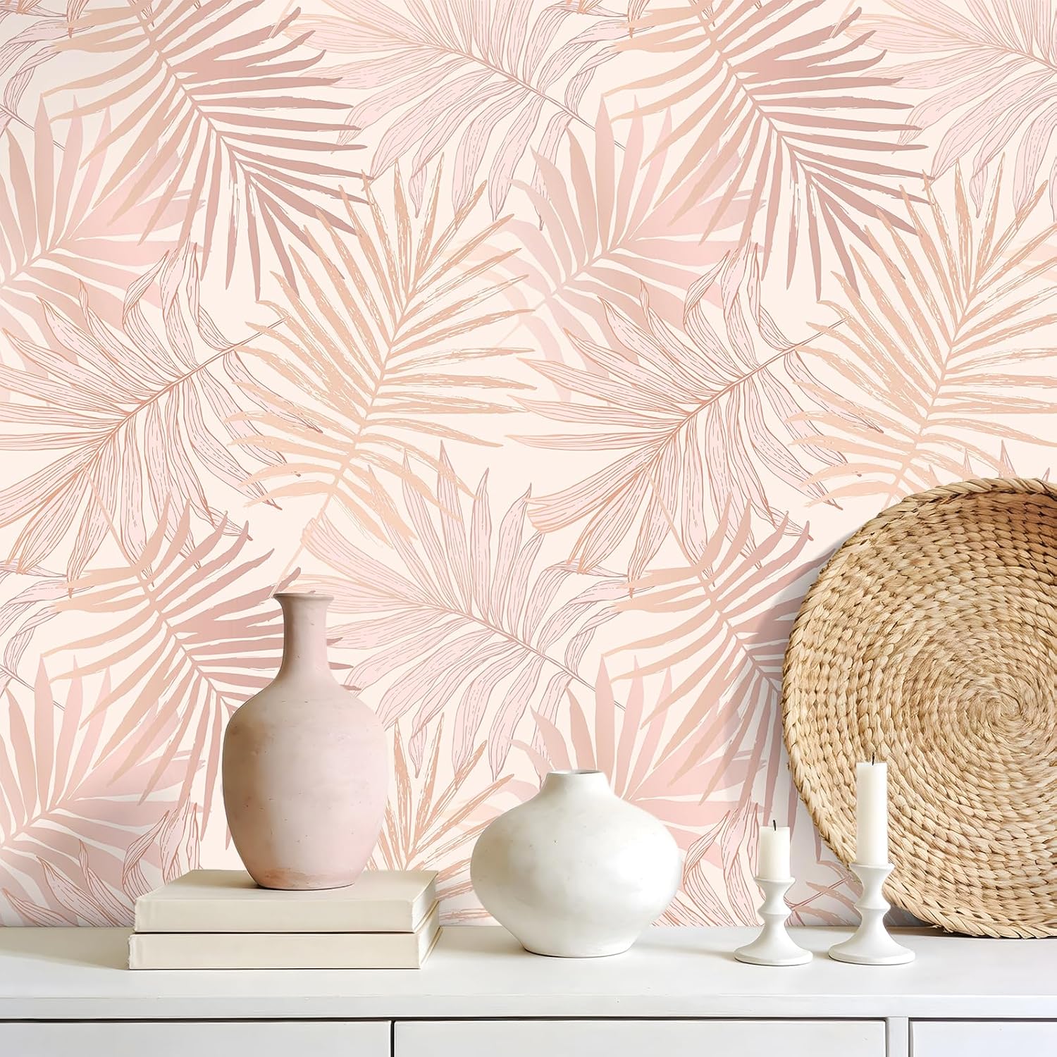 VEELIKE Pink Palm Leaf Peel and Stick Wallpaper Boho Tropical Wallpaper for Powder Room Bedroom 17.7''x354'' Removable Self Adhesive Contact Paper Pink Palm Wall Paper for Nursery Bathroom Living Room