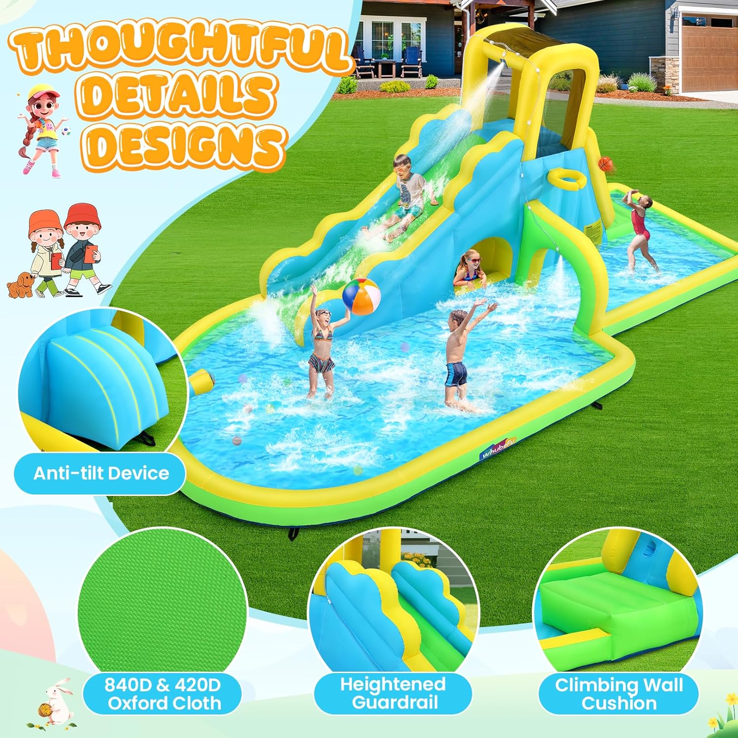 Whubefy 16.4x10 FT Mega Inflatable Water Slide for Kids Backyard w/Long Slide & Tunnel, 13-in-1 Blow Up Waterpark w/Giant Splash Pool, Climbing Wall, Obstacle Door, Basketball Rim, Water Cannon