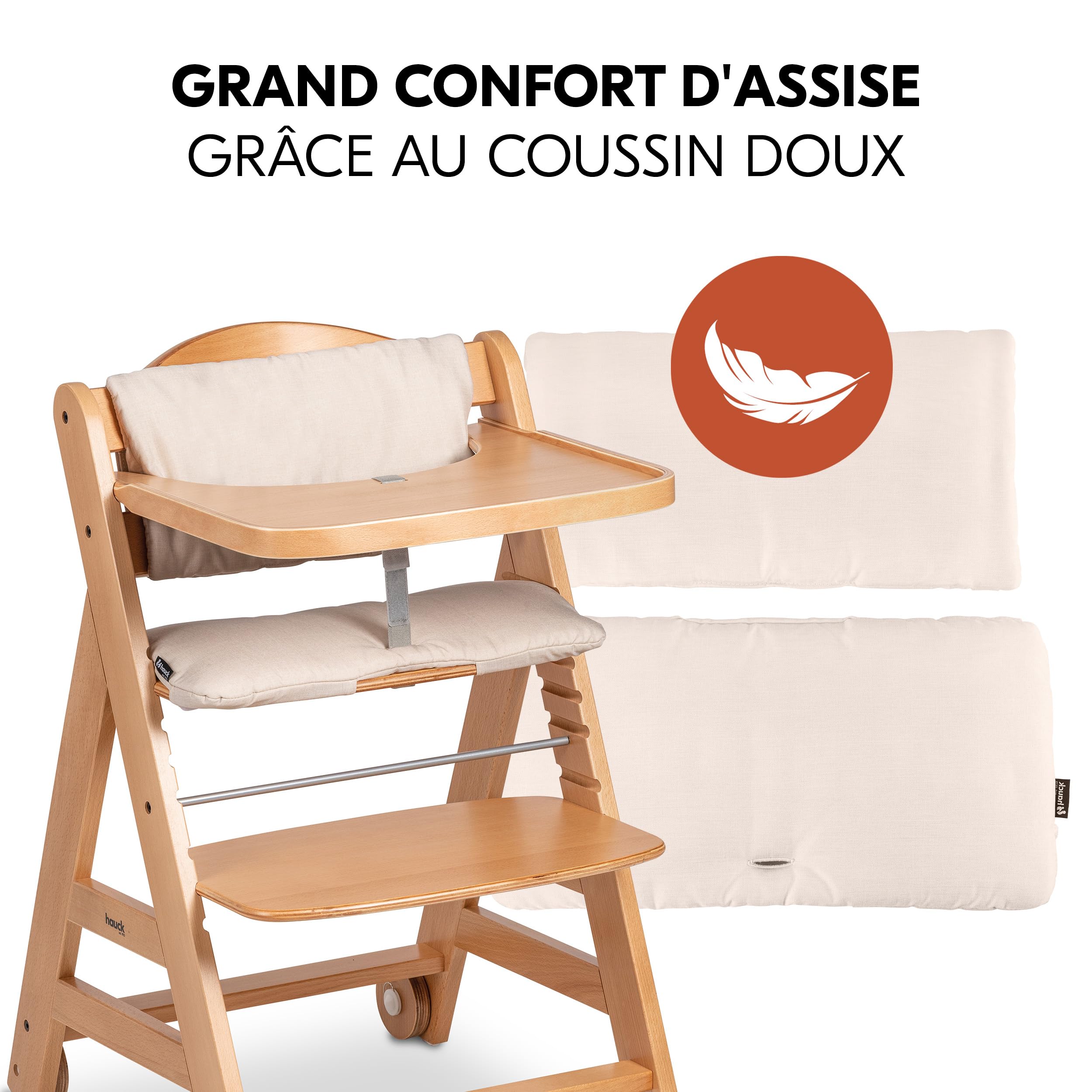 hauck Chaise Haute Bébé Beta+ avec Siège Highchair Bouncer - Natural | Chaise haute évolutive en bois, de la naissance à 90 kg, inclus assise bébé ergonomique, roues, plateau repas, coussin