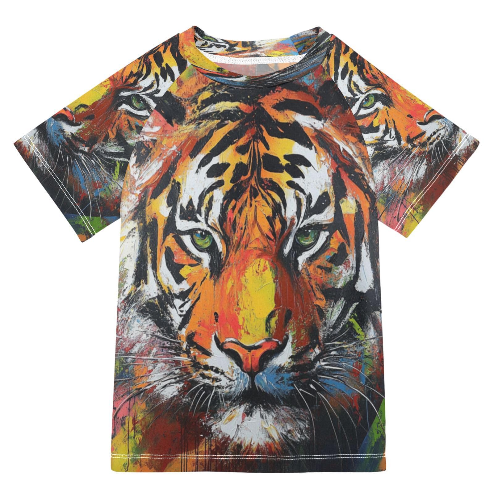 MNSRUU Toddler Boy Rash Guard Short Sleeve Swim Shirt Tiger Print Rashguard 5-6T Beach Shirts Quick Dry,029