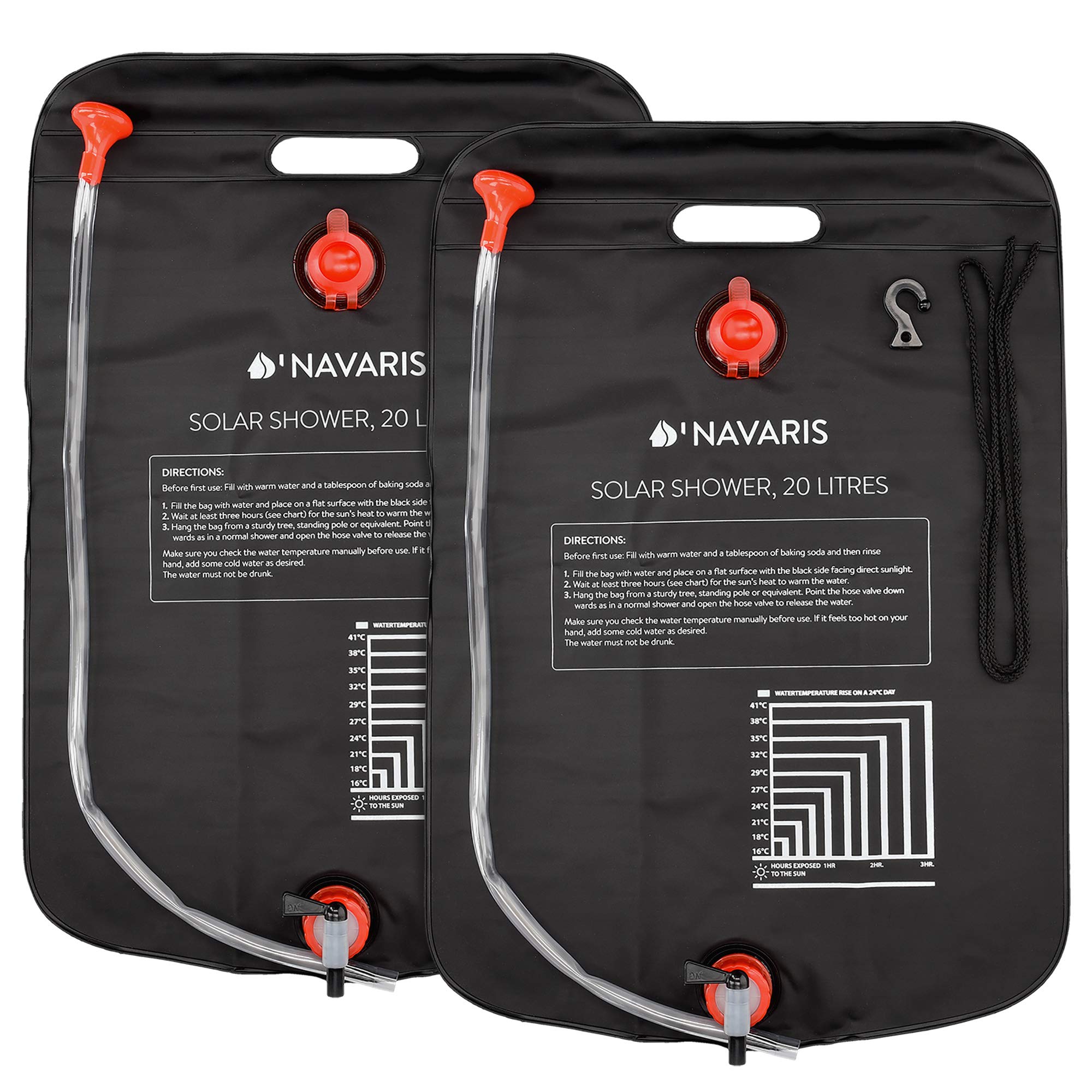 Navaris Solarna torba prysznicowa 20 l – 2 x torba prysznicowa z głowicą prysznicową z głowicą prysznicową, wężem, głowicą kranu – idealna do podróży, wędrówek, wędrówek z plecakiem