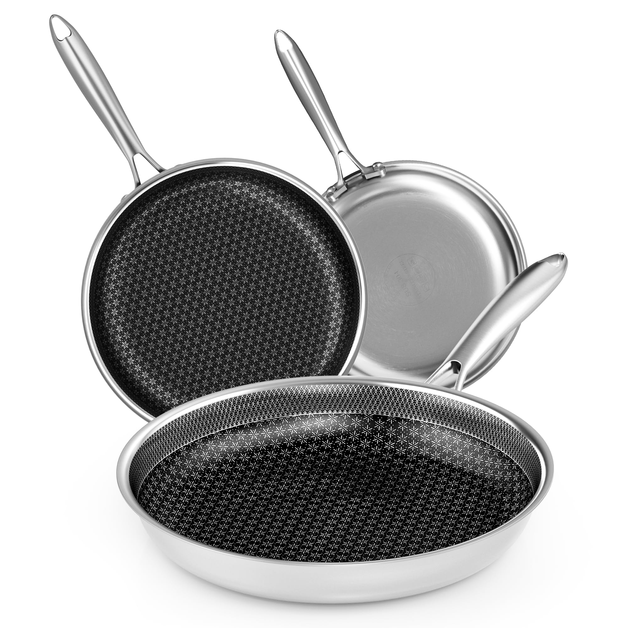 RIOVARM Roestvrijstalen braadpannenset, inductie, anti-aanbakpannenset, 20 cm, 26 cm, 30 cm, wokpan met roestvrijstalen handgreep, braadpan en universele pannen voor alle warmtebronnen