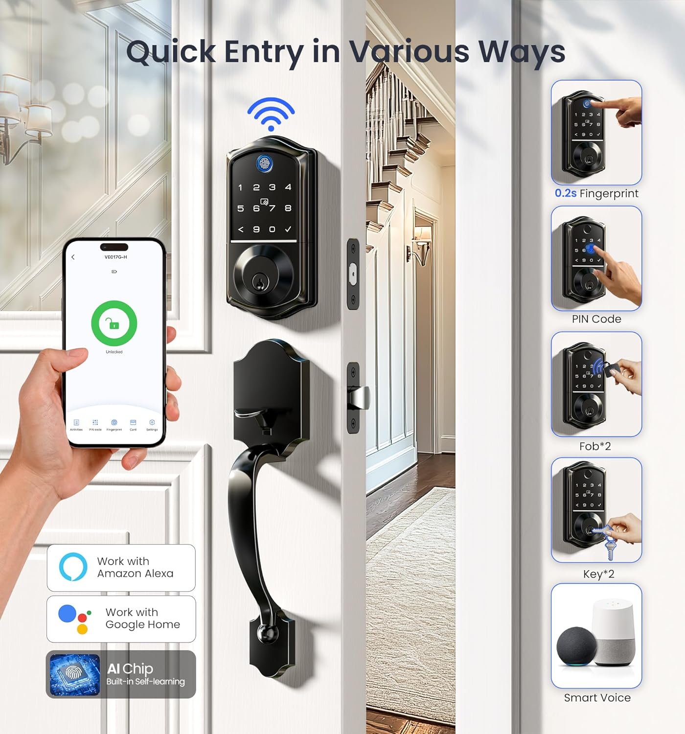 Image showing multiple quick entry methods for the Veise smart lock: 0.2s Fingerprint, PIN Code, Fob, Key, and Smart Voice.