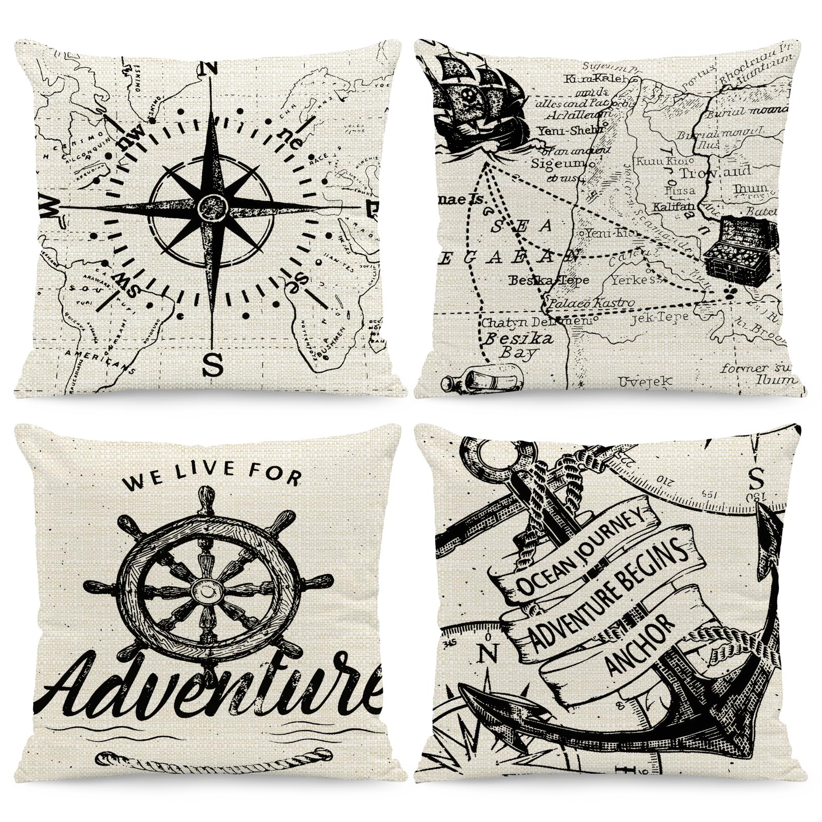 BREASOME Cushion Covers 45 x 45 cm Set of 4 Nautical Ship Wheel Cushion Covers Linen Decorative Square Throw Pillow Cases Marine Themed for Sofa Couch Bedroom Living Room