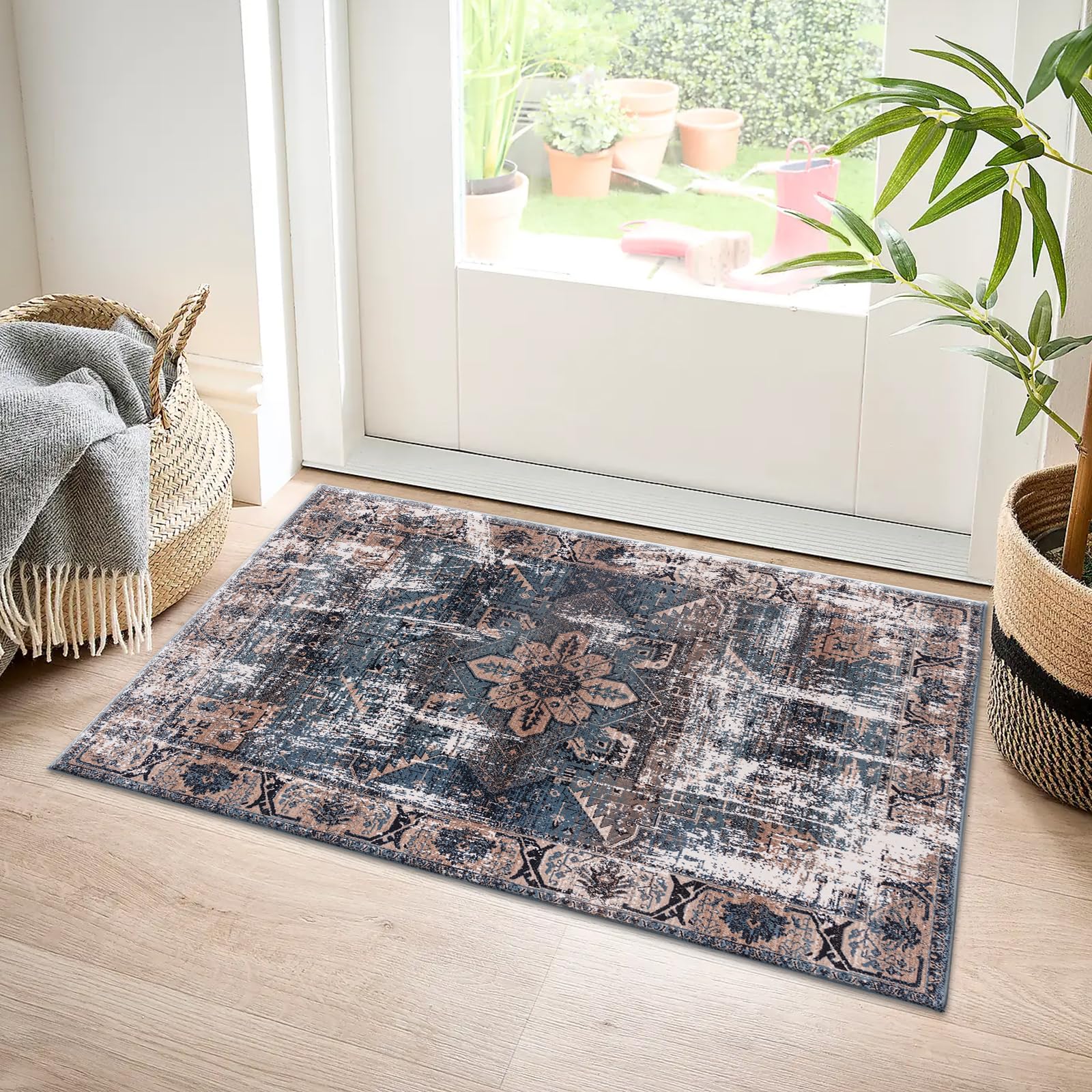 renoazul® Back Door Mats Indoor With Jute Back, Vintage Rug - Wello 60x110 cm Turquoise - Hand Washable Rugs For Kitchen, Bedside Rugs and Entrance Door Mat — image 1