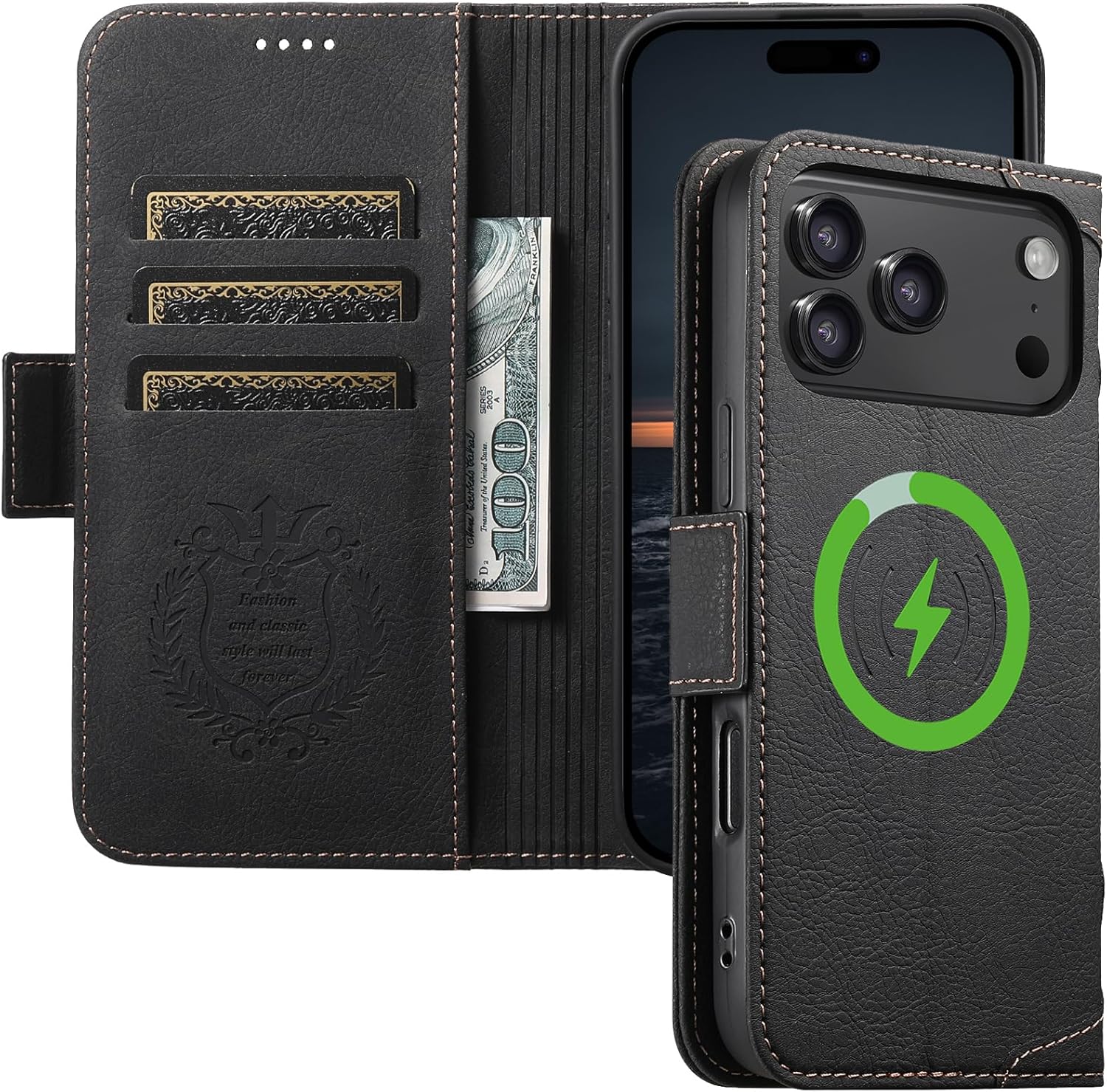 Coque Folio JCGOOD Pour IPhone 17 Pro - 2 En 1 Amovible Avec MagSafe, Noire Et Marron