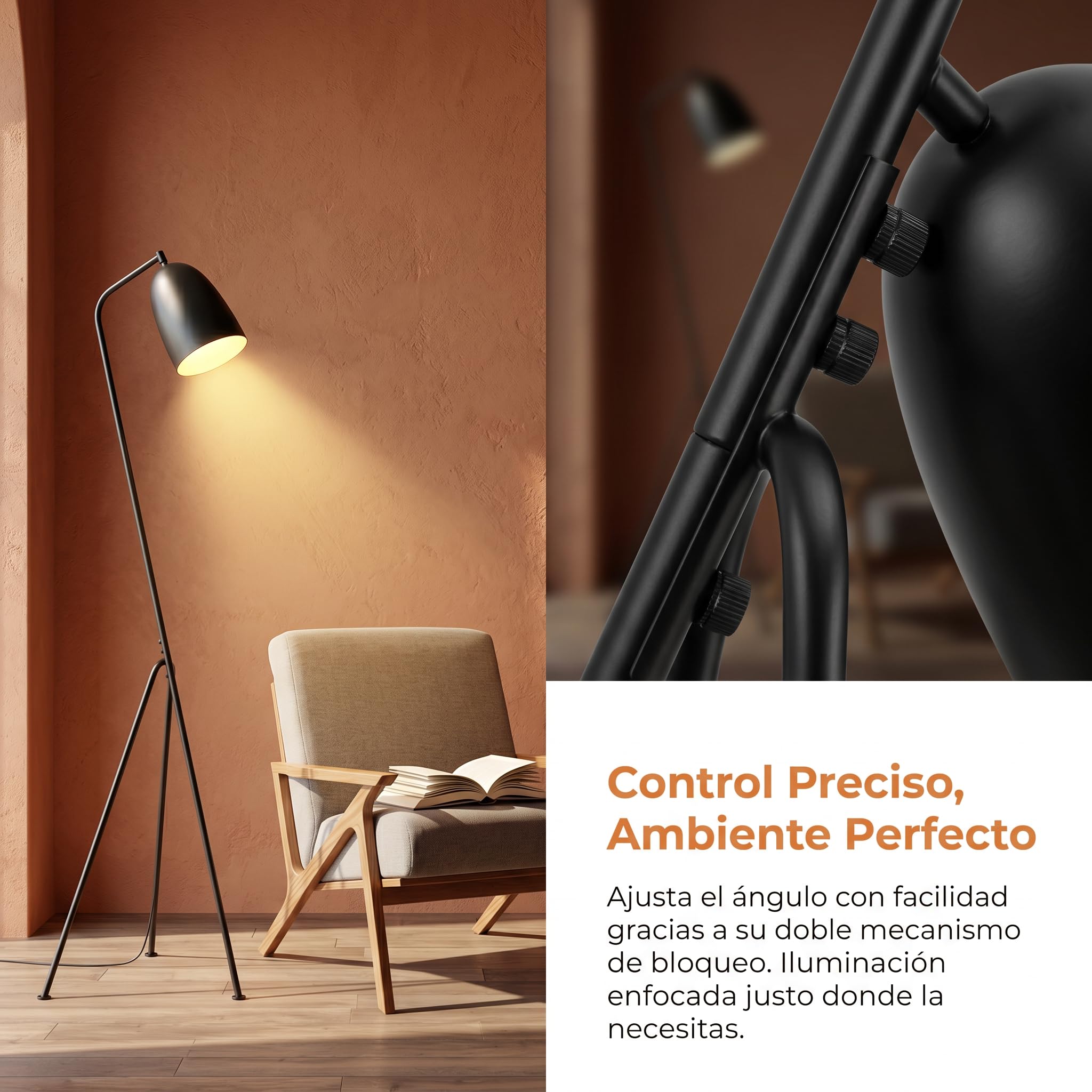 BARCELONA LED Lámpara de Pie Negra “Shoppen” Trípode 160cm, Lámpara de Suelo Negra Estilo Mid Century Nórdico Industrial, Pantalla Orientable E27, Diseño Moderno para Salón Dormitorio