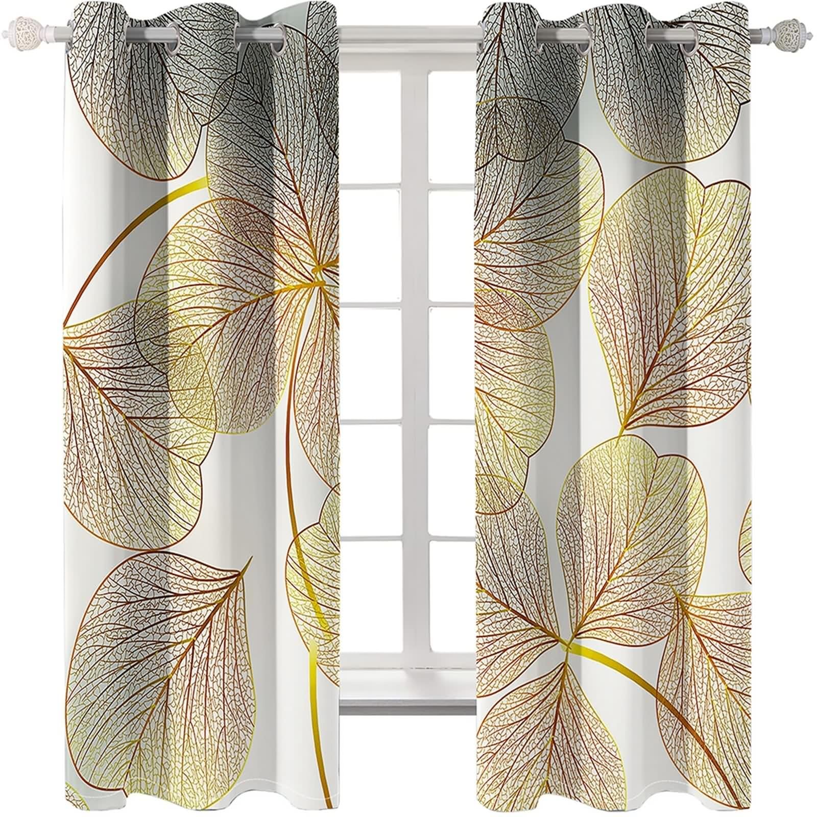 Voilage Fenetre, Rideau Mariage Or Polyester Motif de Feuille Décoration 137L x 229H CM Lot de 2