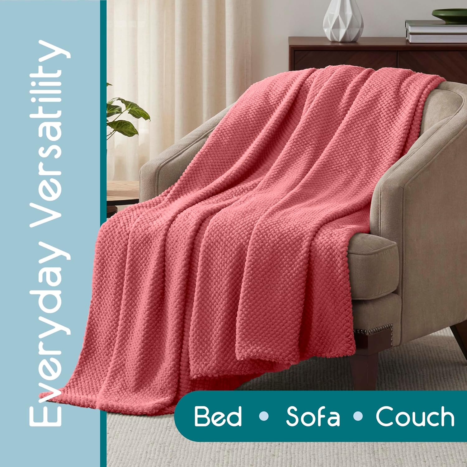 Vellux Plush Fleece Blanket Queen Size - Ultra Soft Lightweight Blanket for Bed or Couch - All-Season Warmth Machine Washable Polyester Bed Blanket - 90x90 - Deep Rose