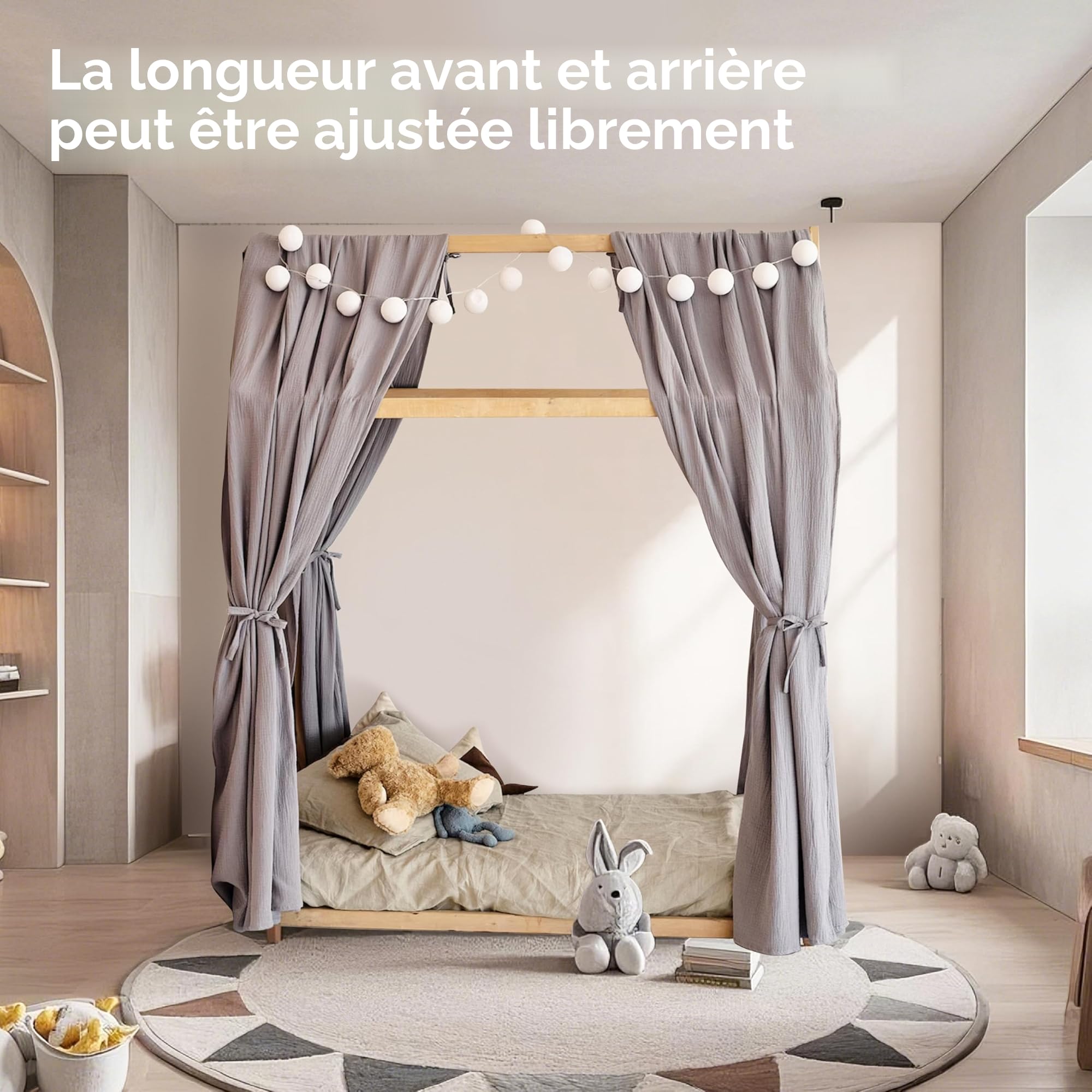 Lot de 2 baldaquins de lit faits à la main en mousseline 100 % coton pour décoration de lit pour fille et garçon (65 x 270 cm, beige clair)