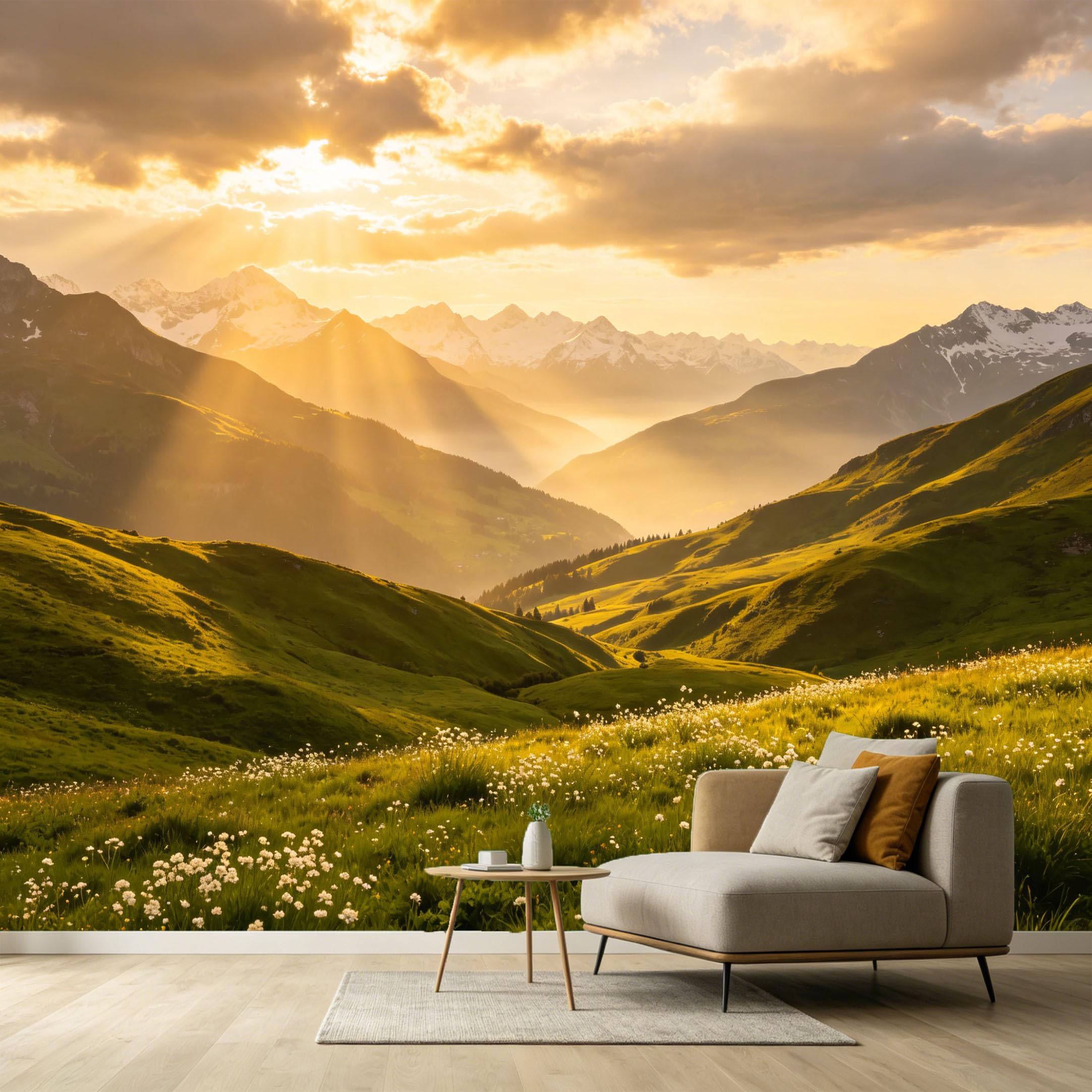 Custom Size Wall Murals Sunset Mountain Peak Landscape Oil Painting Meadow Wildflower Field SelfAdhesive Wall Fabric Removable Large Wallpaper for Photo Living Room