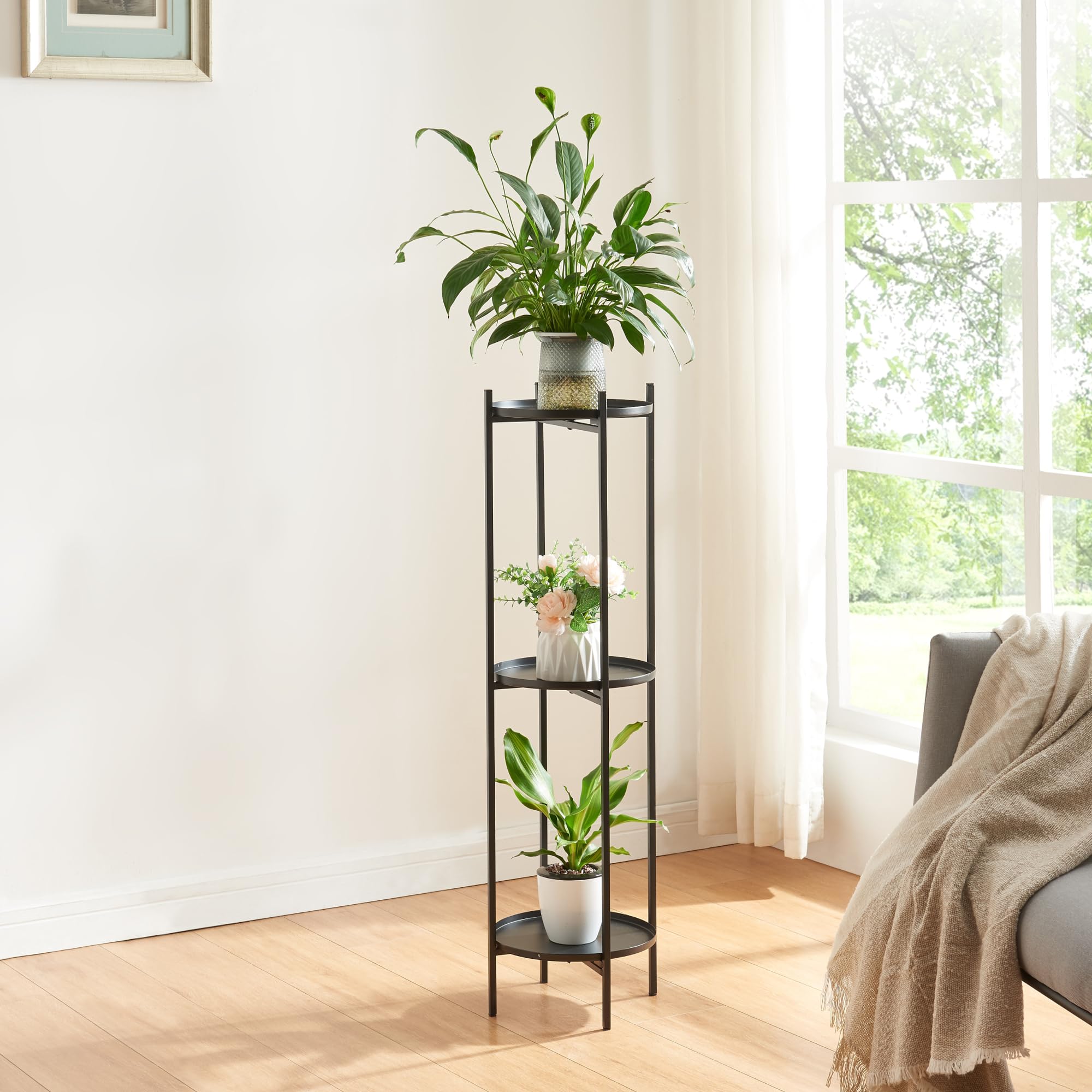 [en.casa] Support de Plantes à 3 Niveaux Étagère à Fleurs Design Intemporel Porte Plantes pour Intérieur Meuble de Rangement pour Cache-Pots Métal 94 x 25 cm Noir