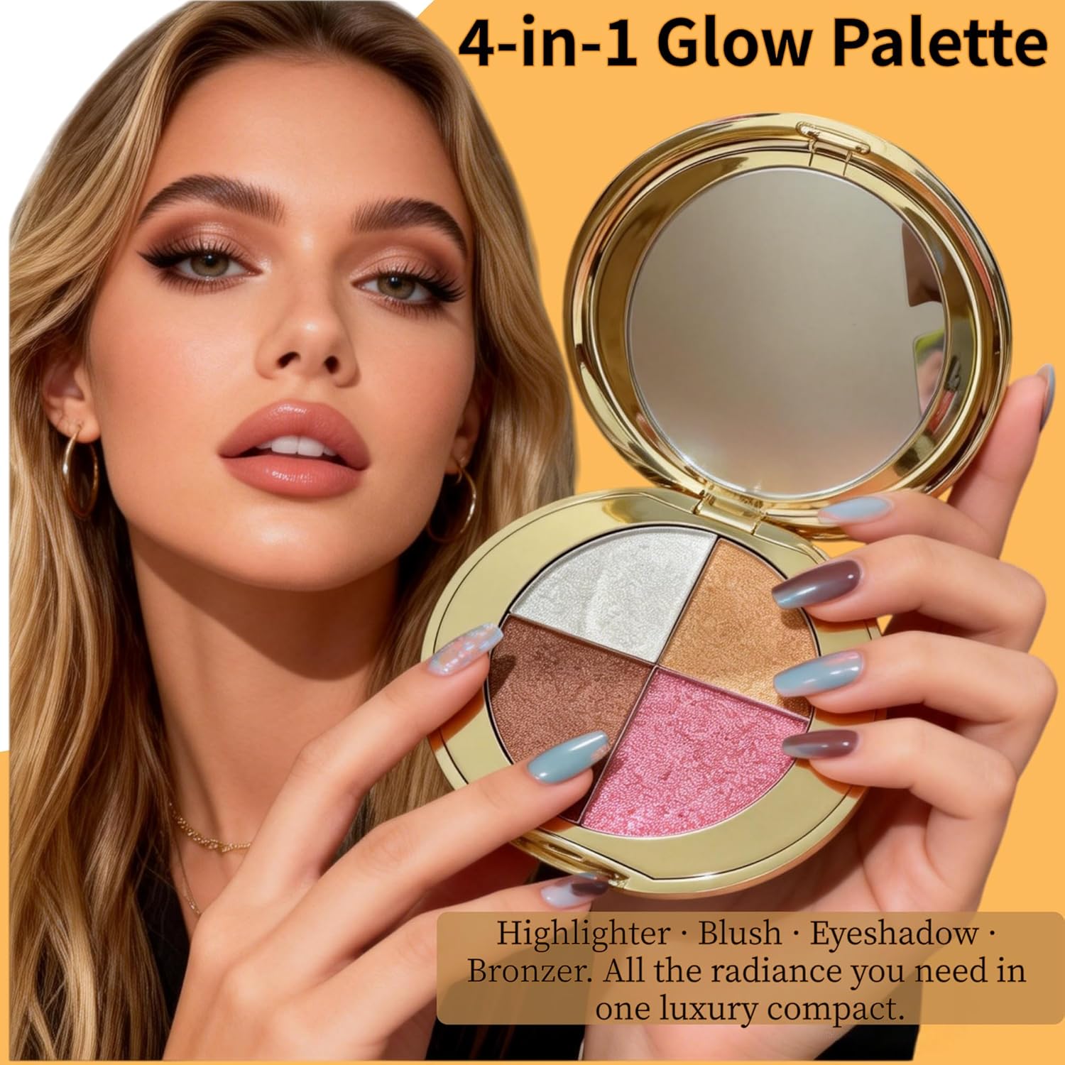 4-Color Highlighter & Blush Palette, Shimmer Eyeshadow Makeup Kit, 2-in-1 Face Illuminator Powder with Mirror, Long-Lasting Diamond Glow Texture, Portable Travel Size for Natural Radiance (Gold)