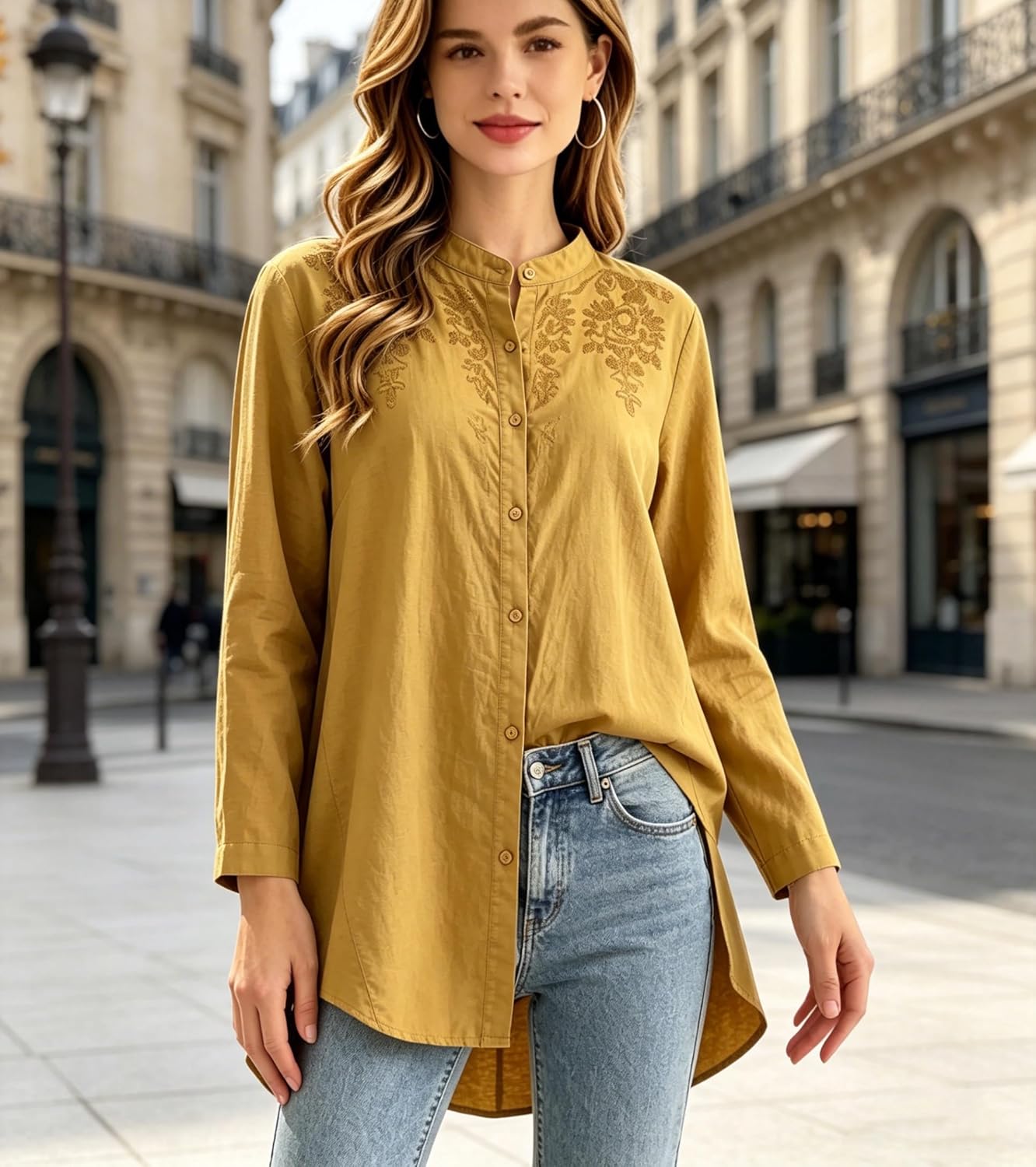 Minibee Women's Cotton Linen Shirt High Low Button Down Embroidered Blouse Long Sleeve Tunic Tops