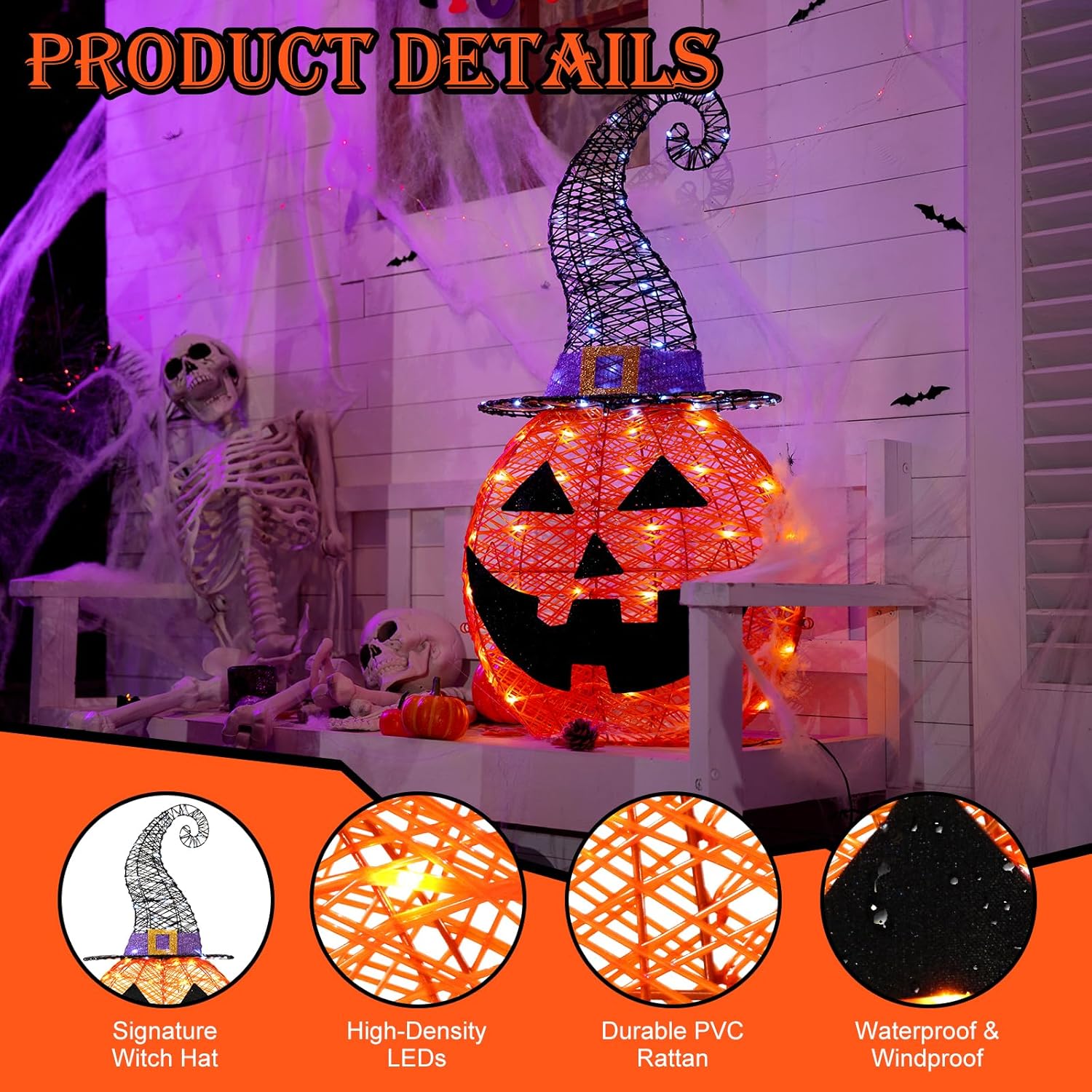3FT Halloween Decorations Outdoor, 75 LED Pre-Lit Light Up Halloween Pumpkin Decorations PVC Rattan Pumpkin with Witch Hat Jack-O-Lantern Decor for Outdoor, Indoor, Garden, Yard, Porch, Home Party