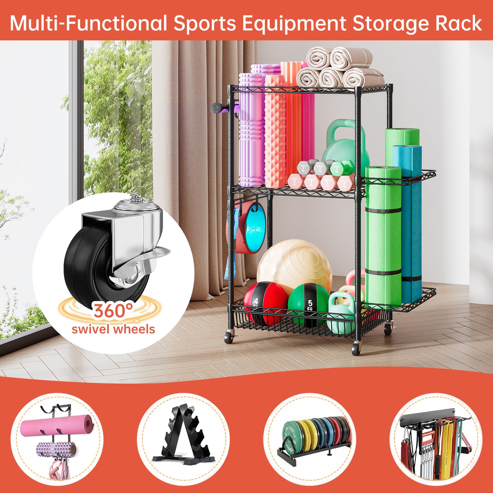Scaffale portaoggetti per attrezzature sportive a 3 livelli con 4 ruote con freno e ganci, supporto in metallo per pesi, corde da saltare e accessori per fitness, ruote, struttura solida
