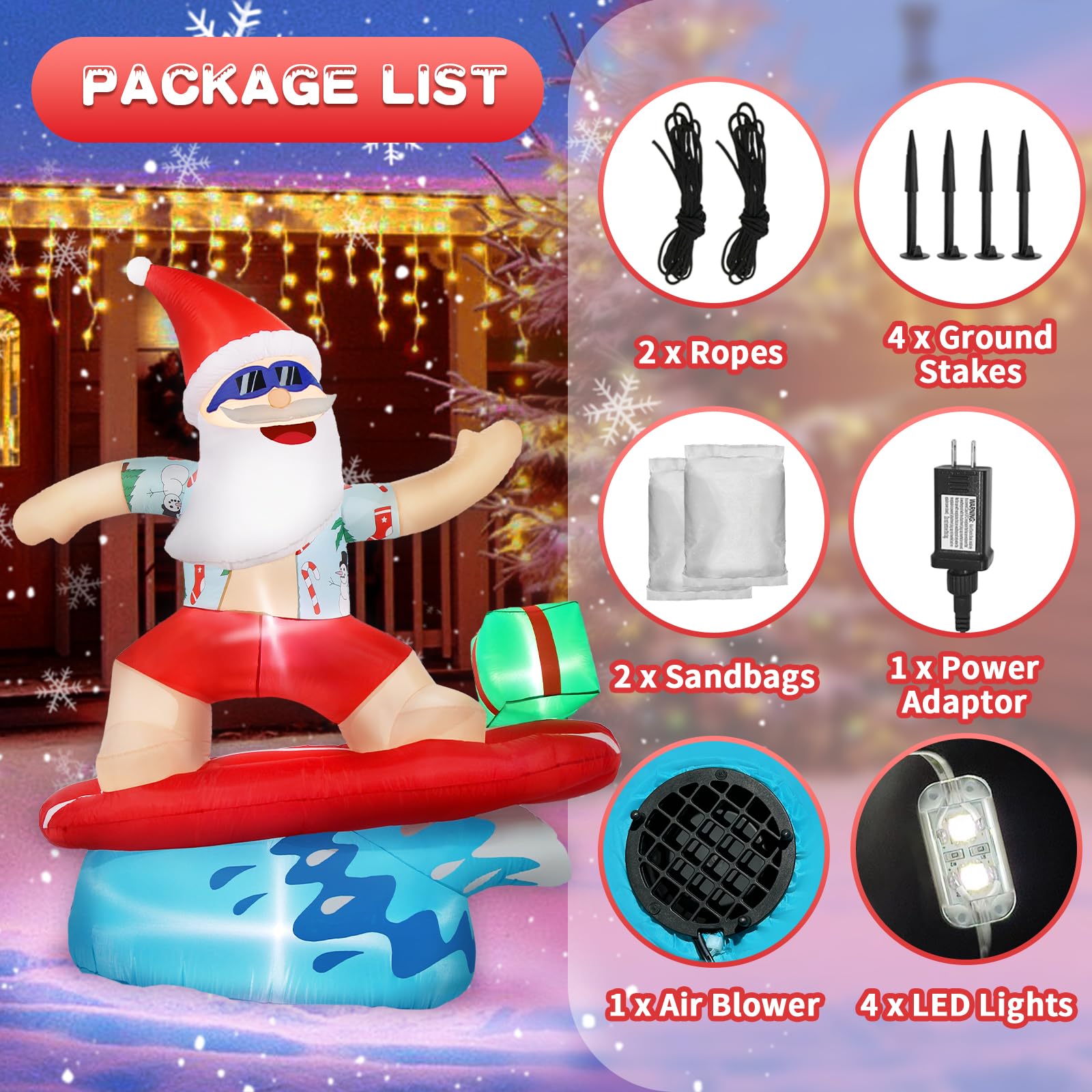 Decoraciones inflables de Navidad para exteriores, 1.8 m, gigante, para surf, Papá Noel, patio, inflables, playa tropical, luces LED, decoración para vacaciones, exteriores, césped, vacaciones