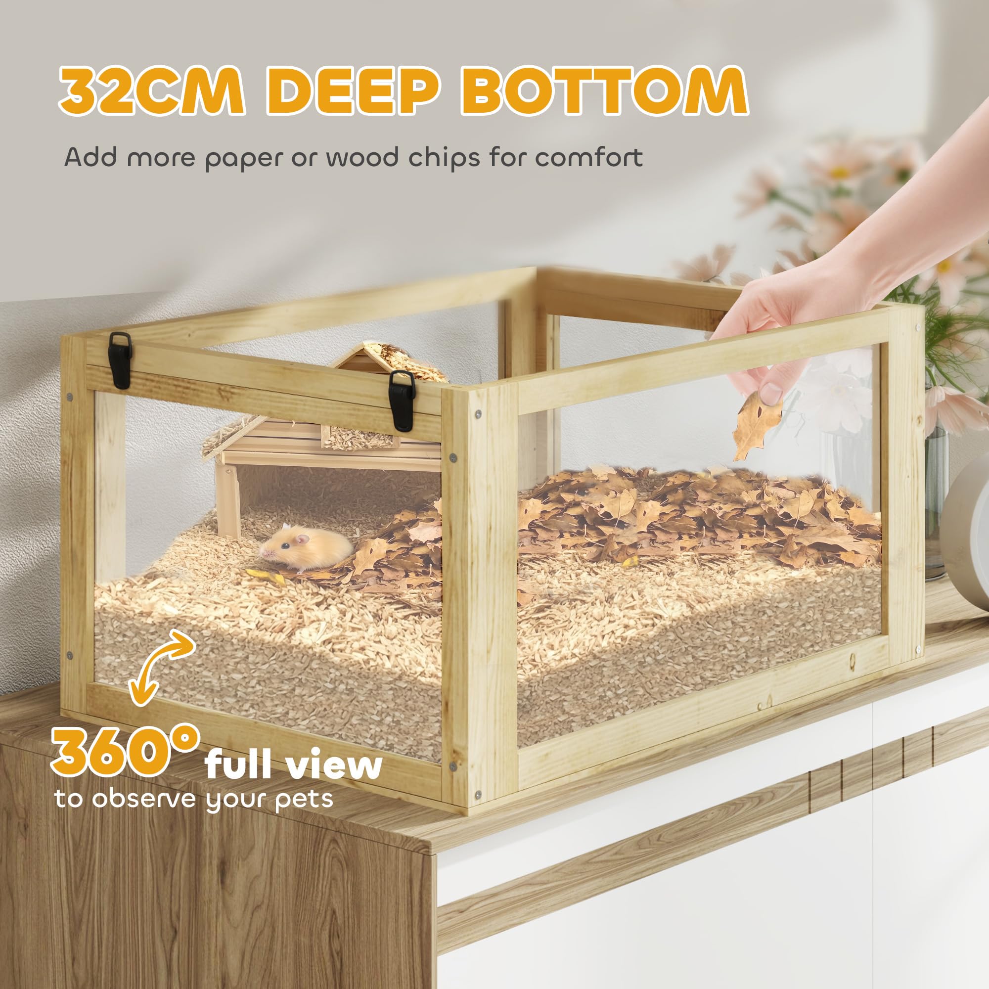 PawHut Jaula de madera para hámster, jaula de jerbo de 3 niveles con fondo desmontable de 32 cm de profundidad, cabaña, balancín, rueda de ejercicio, rampas, acabado de madera natural