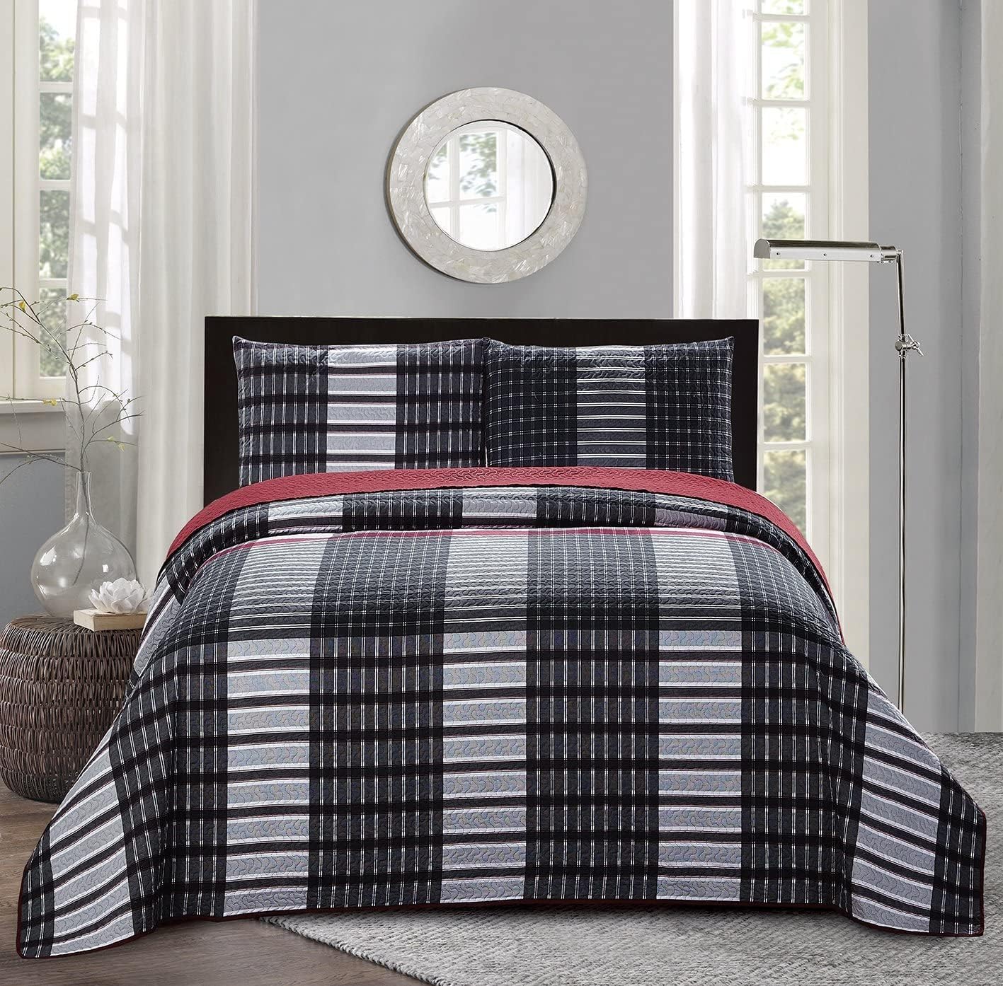 All American Collection New 2pc Plaid Printed Reversible Bedspread/Quilt Set (Twin Size)