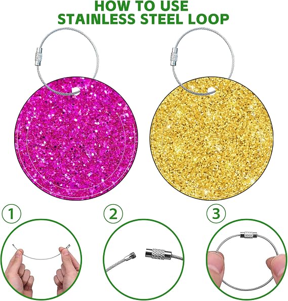 Round Cute Luggage Tags 2 Pack Glitter Print Creative Baggage Tags,Cruise Travel Baggage Suitcases Tag with Stainless Steel Loop ID Tag Privacy Flap