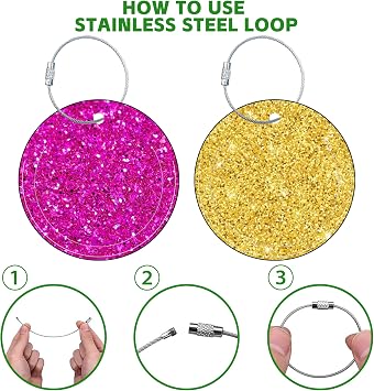 Round Cute Luggage Tags 2 Pack Glitter Print Creative Baggage Tags,Cruise Travel Baggage Suitcases Tag with Stainless Steel Loop ID Tag Privacy Flap