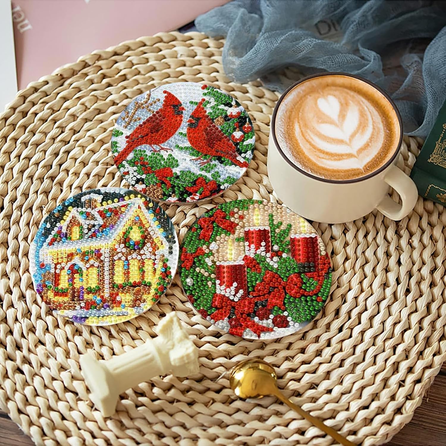 Clendo 8 PCS Christmas Diamond Art Coasters, Santa Diamond Painting Coasters Kits with Holder, DIY Small Diamonds Art and Crafts Supplies 4x4 in