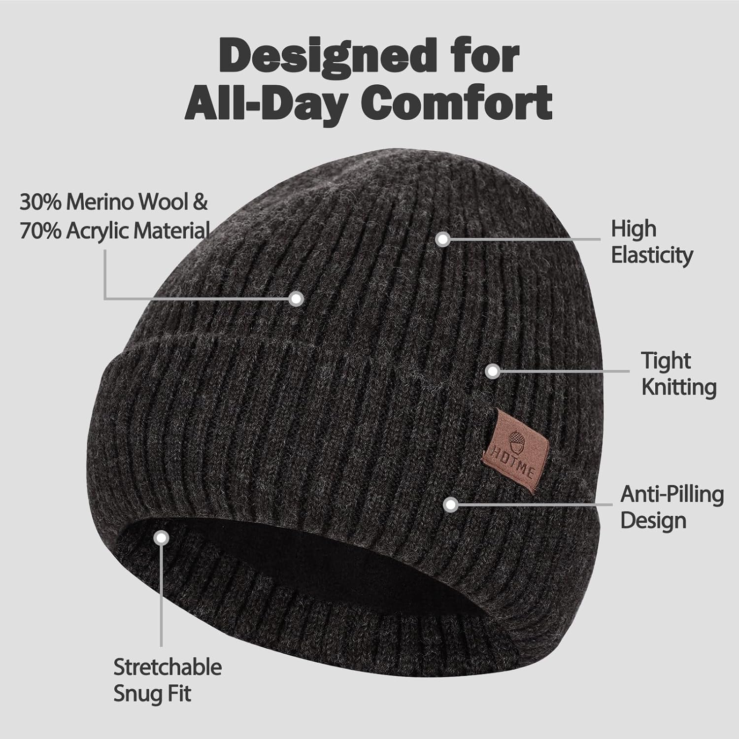 Oversize XL/XXL Merino Wool Beanie Hat for Men - Fleece Lined Large Winter Hat Ski Skull Cap for Big Heads - Image 2