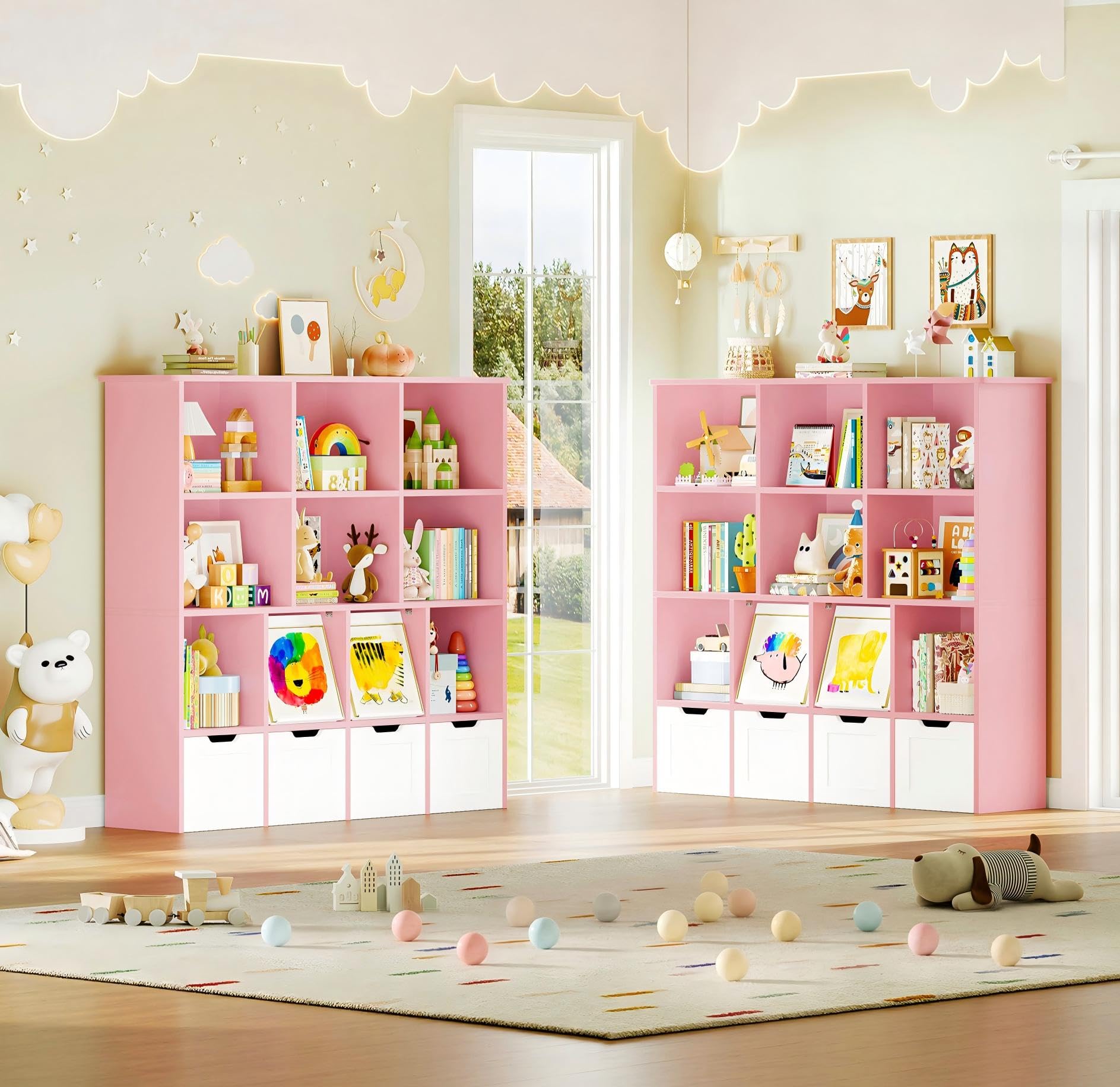 IRONCK Kinderregal Bücherregal mit verdeckte Klapptür (Rosa) | Kinderzimmer Möbel Spielzeugregl mit 4 Boxen auf Rollen, Kinder Kleiderschrank Aufbewahrungregal mit 10 Fächer