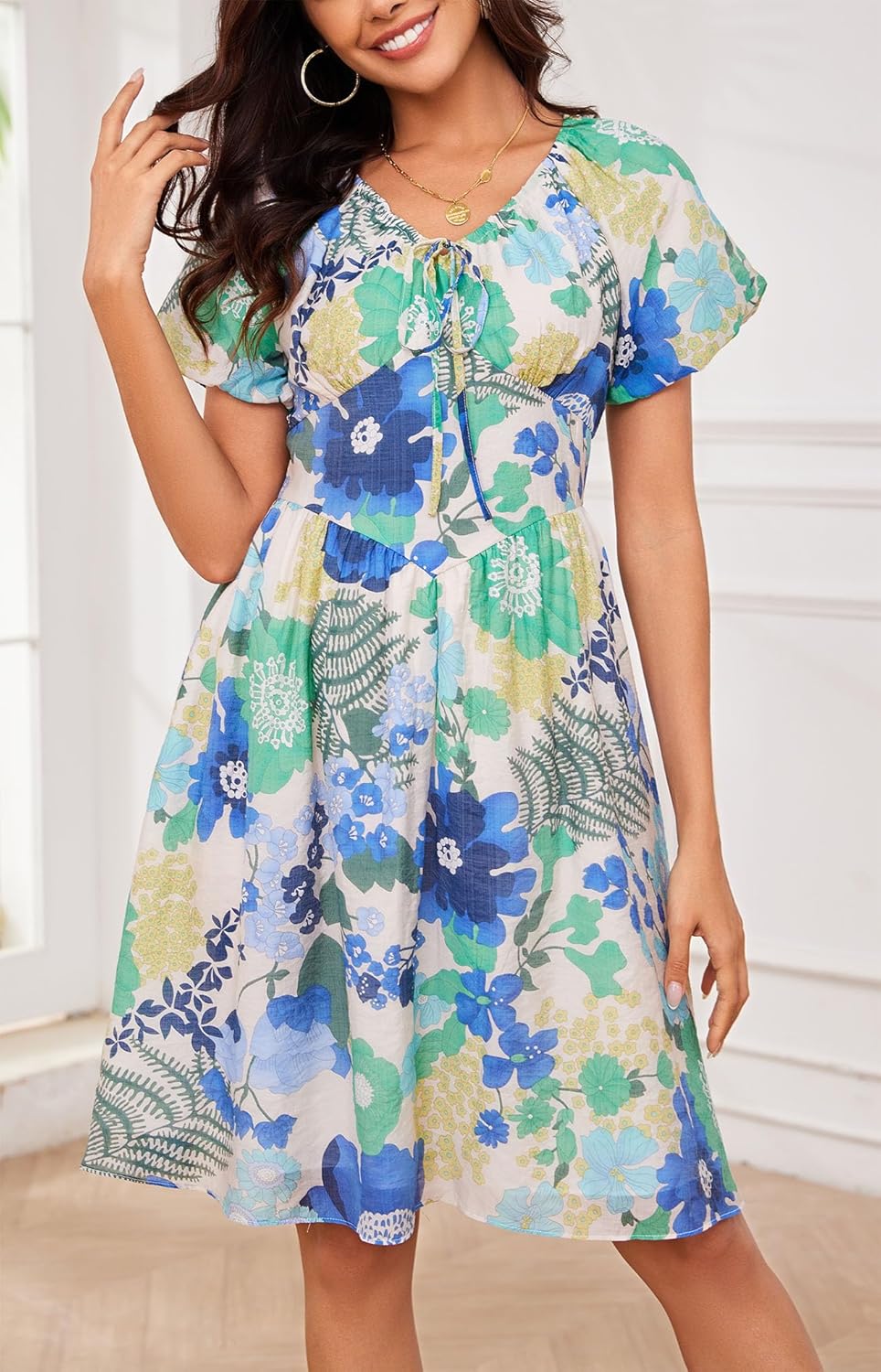 Kormei Women's Floral Print V Neck Dress Short Puff Sleeve Zipper A line Flare Short Dress - Image 3