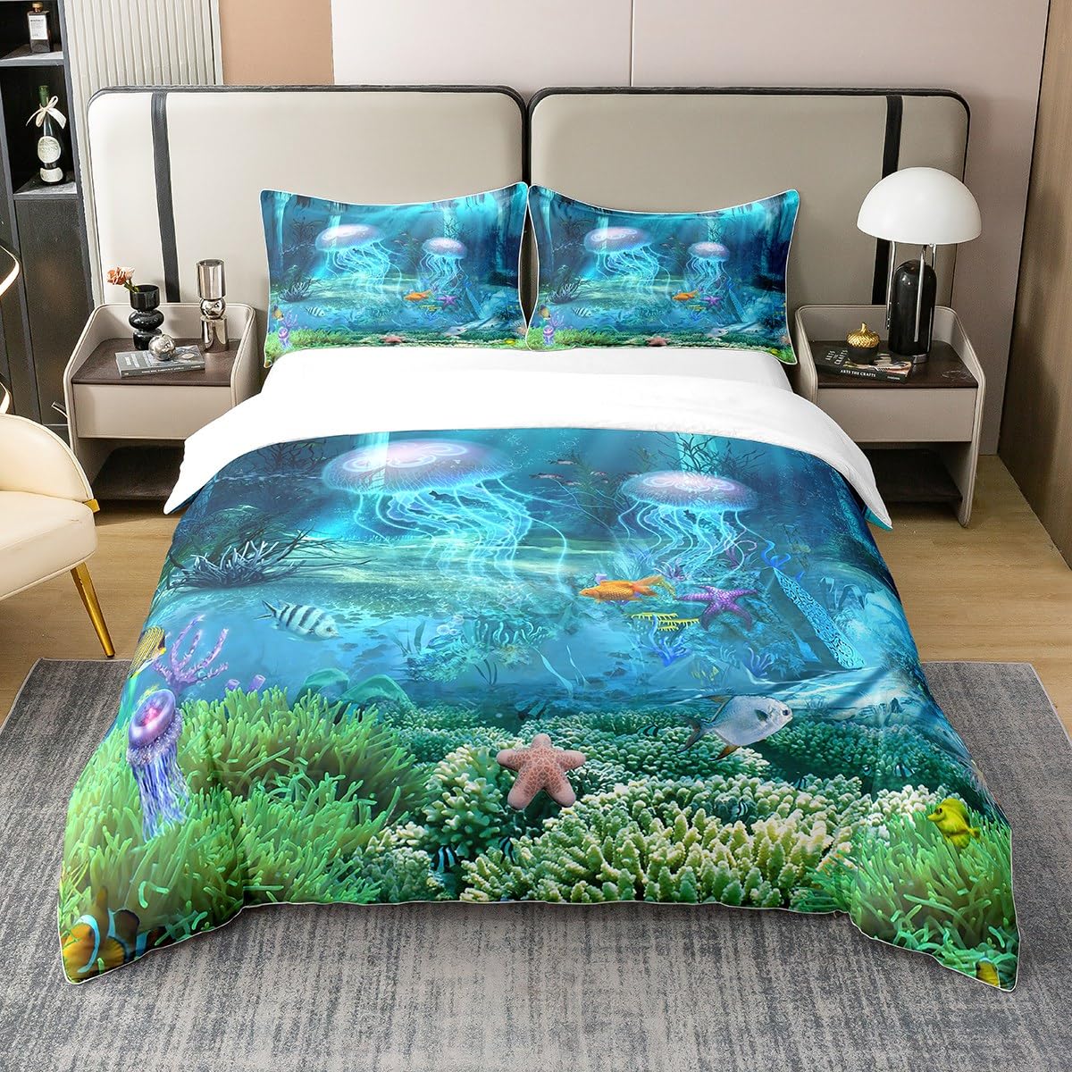 Castle Fairy Jellyfish Duvet Cover 100% Cotton Cute Starfish Ocean Animal Duvet Cover Kids Teens Room Decor Blue Green Undersea World Comforter Cover Twin Soft Bedspread,Zipper,No Comforter