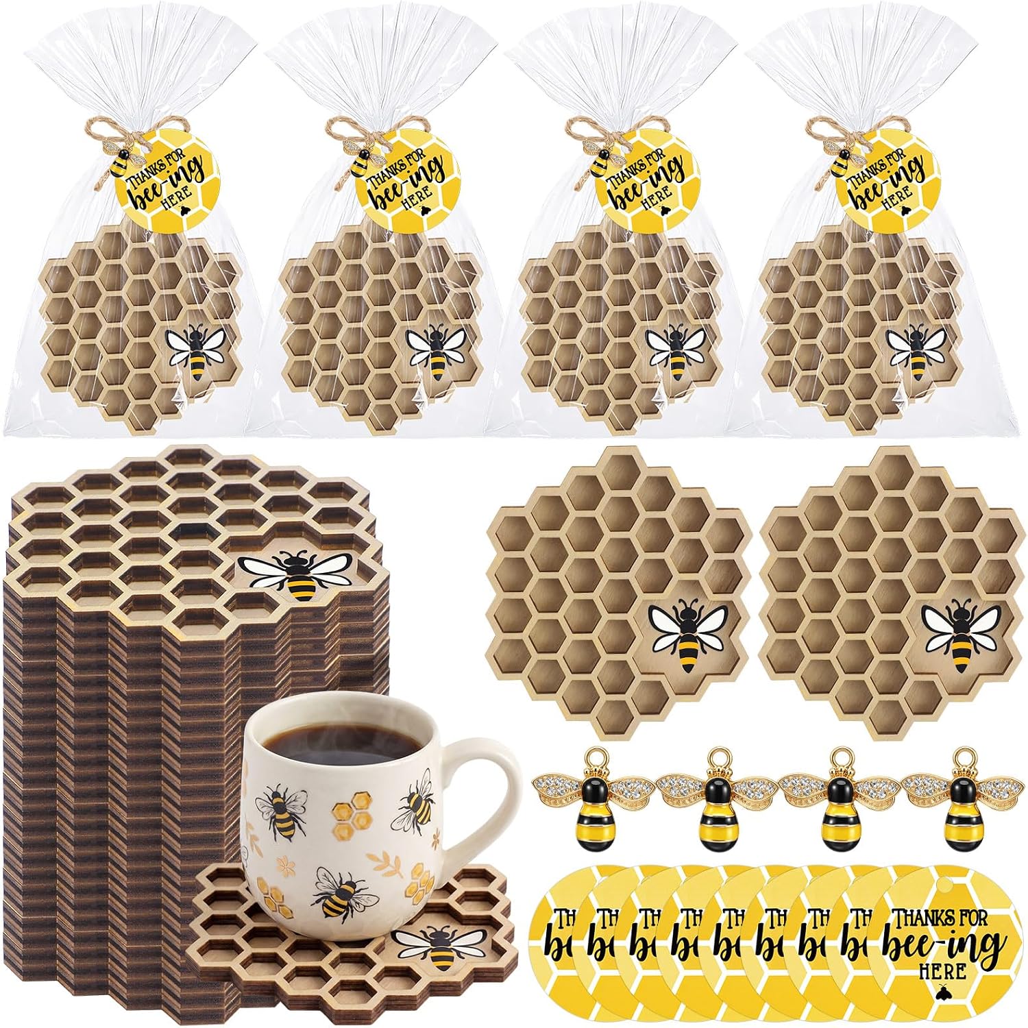 24 Sets Bee Party Favors Honeycomb Wood Coaster Set with Charm Thank You Cards Bags for Guests Bee Wedding Shower Baby Shower Gender Reveal Gifts