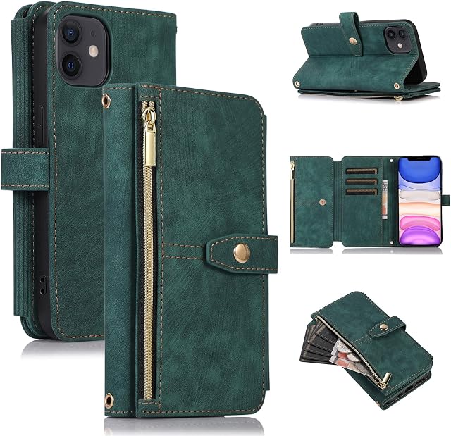 ZCDAYE Wallet Case for iPhone 11, iPhone 11(6.1 inches) Wallet Phone Case, Premium Zipper (with Wristlet ) Flip Leather Phone Case for iPhone 11(6.1 inches) - Green