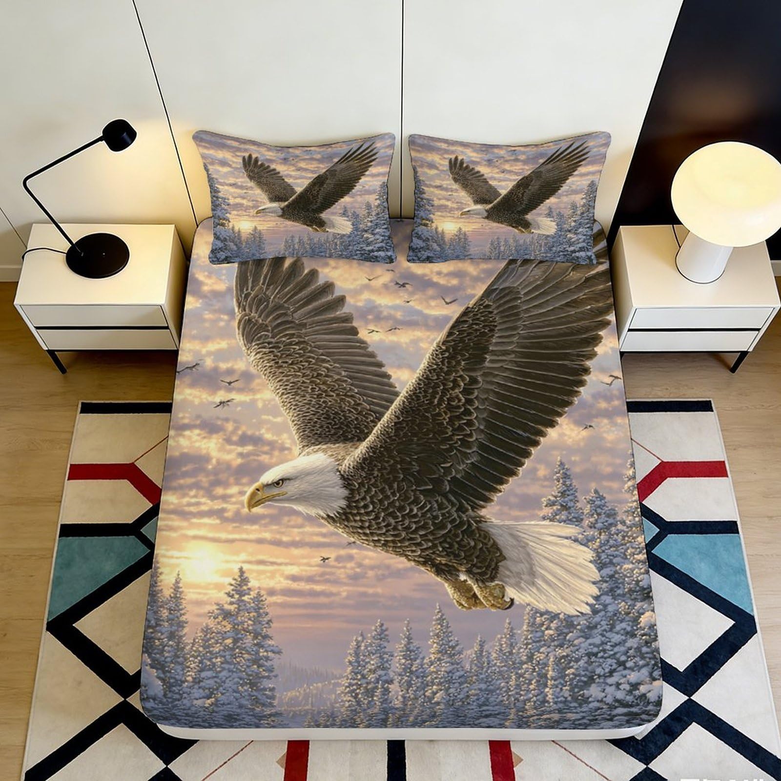 3D Printed Eagle Pattern Fitted Sheet Microfiber Soft Breathable Flying Bird Bed Cover for Bedroom Dormitory Guest Room Mattress Protection 160x200x25cm
