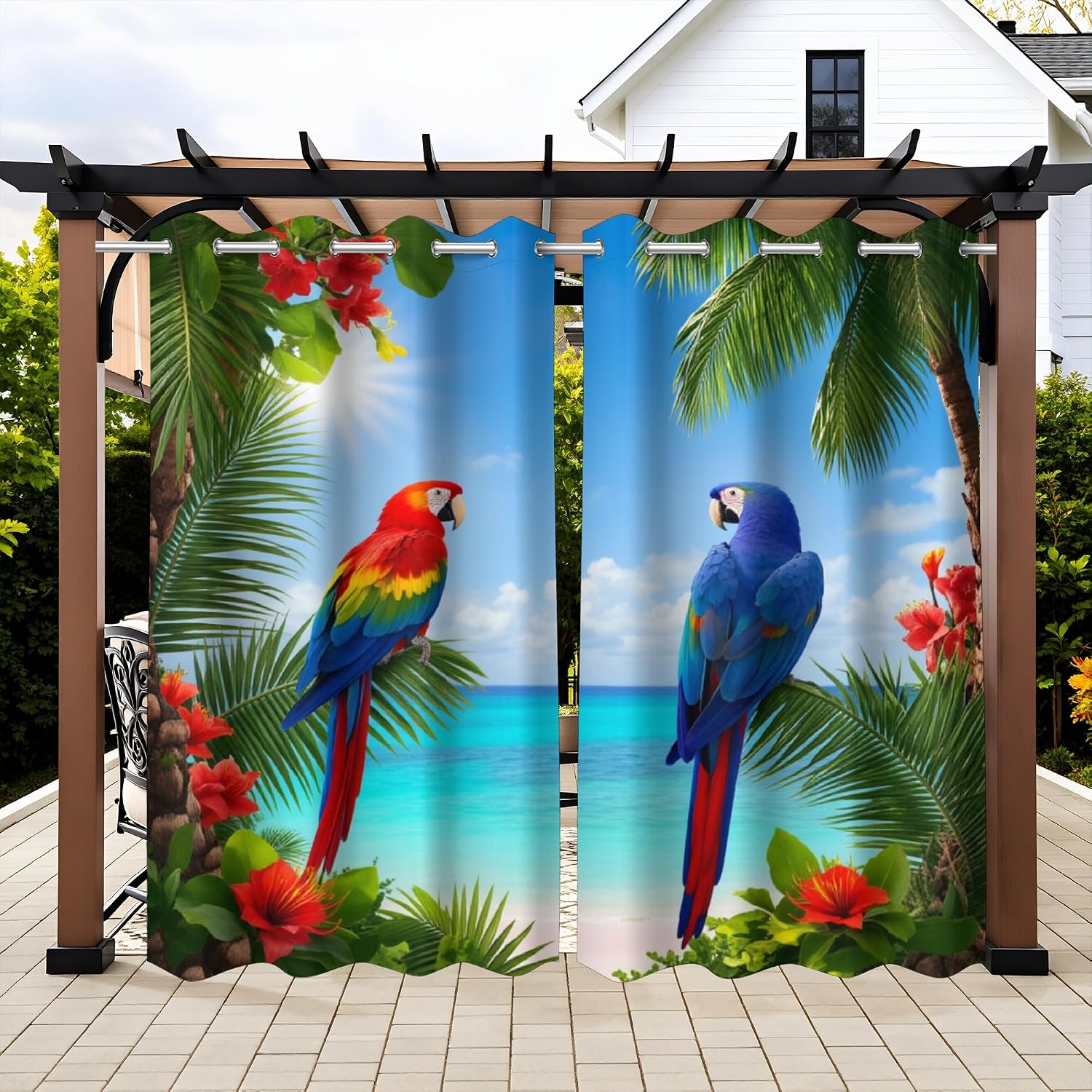 Tropical Beach Theme Waterproof Outdoor Curtains for Patio,Parrot Print,Grommet Curtain for Bedroom,Porch,Living Room,Pergola,Cabana,2 Panels,54 x 84 inch,Blue red