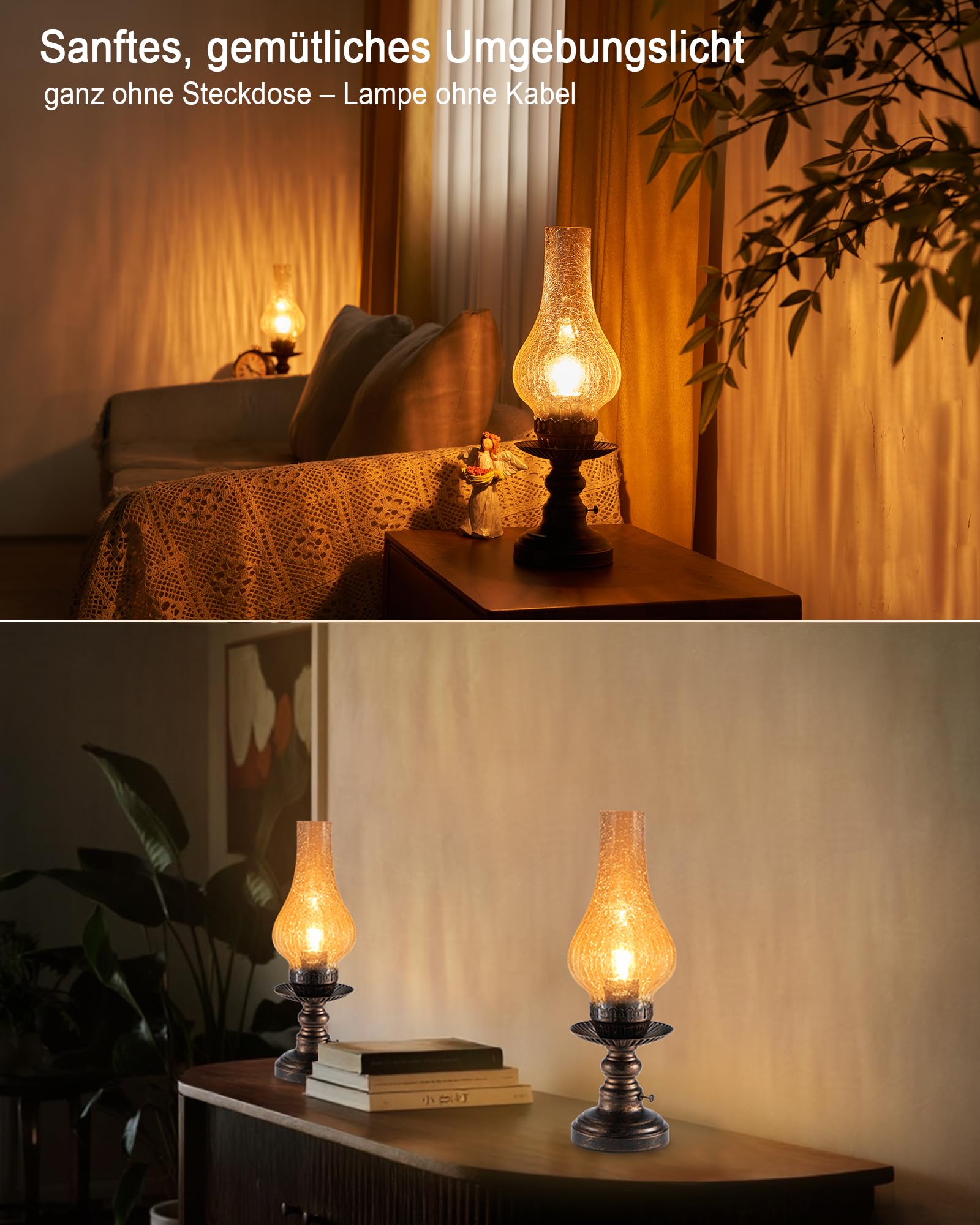 Kabellos Tischlampe Vintage Tischleuchte Ohne Kabel Akku Aufladbar | Touch Dimmbar, LED Keine Glas Lampe, Retro Antik Nachttischlampe Schlafzimmer Wohnzimmer Fensterbank Landhaus Deko