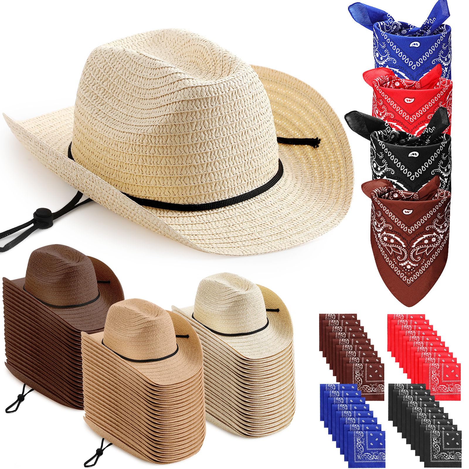 Coume 36 Set Straw Cowboy Hats and Bandanas Bulk