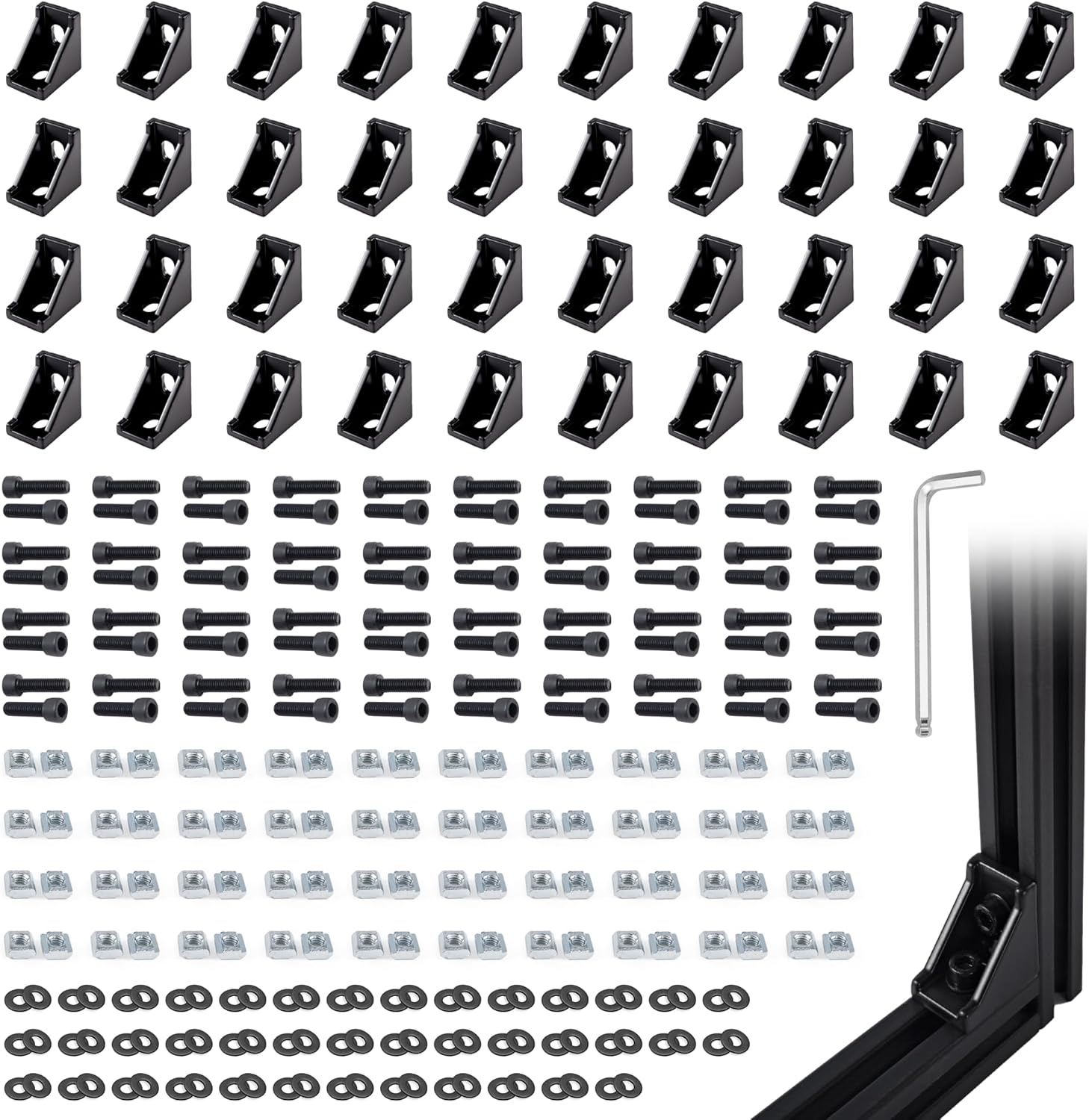 40 Sets Black 2020 Corner Bracket Pro Kit for 2020 & 2040 Aluminum Extrusion - Brackets Gusset, M5 Sliding T-Nuts & Screws, 1 Ball-End Wrench – for 20 Series 6mm T Slot Extruded Aluminum Accessories