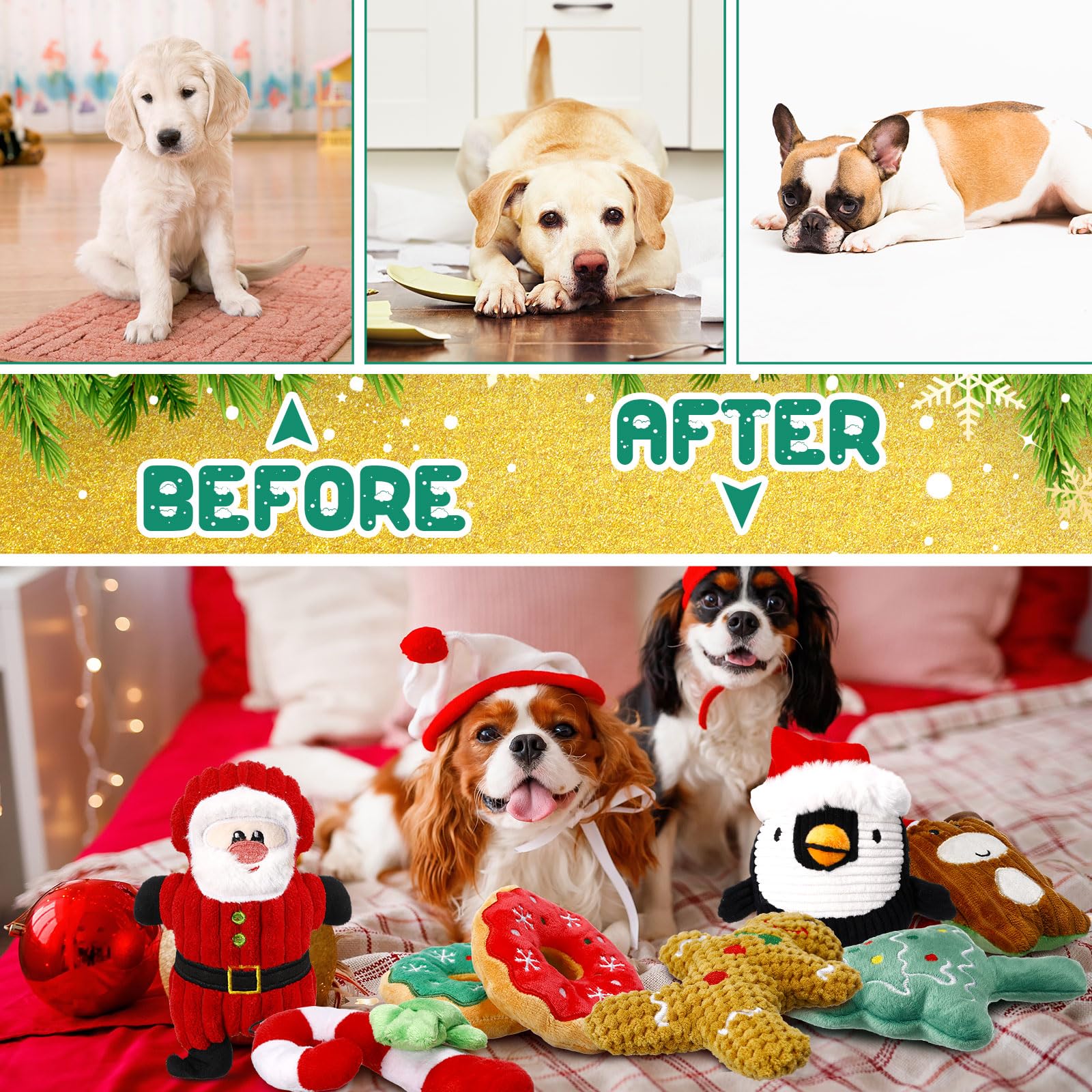 Lot de 8 jouets de Noël pour chien - Jouets couineurs interactifs en peluche avec couineur pour chiens de petite, moyenne et grande taille - Nettoyage des dents