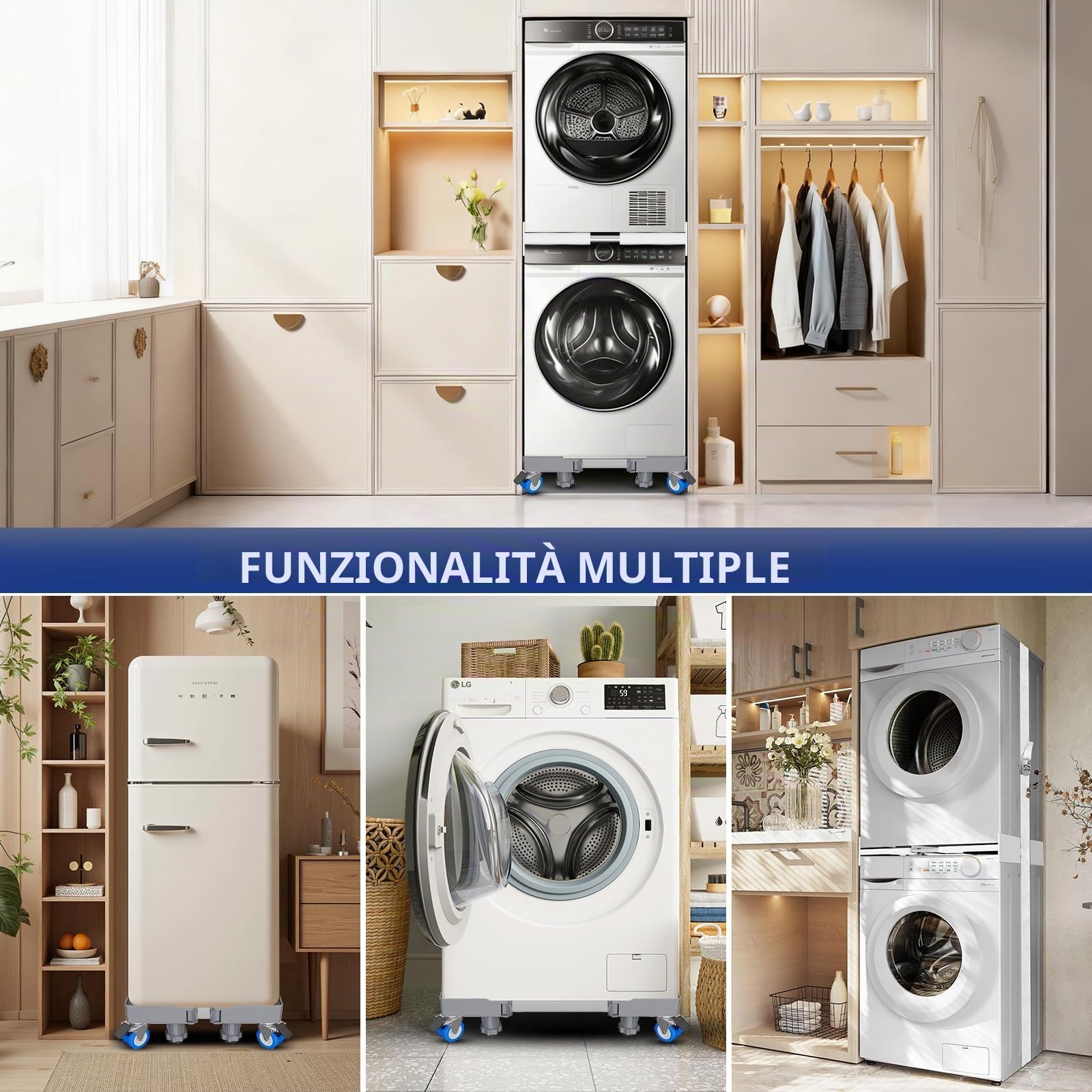 Kit Sovrapposizione Lavatrice Asciugatrice 2 in 1, Telaio Universale Regolabile 46-72 cm + Base Ruote 43-60 cm, Anti-Vibrazione Antiscivolo, 8 Piedi 4 Ruote Doppio Freno, Cinghia Cricchetto 6 m