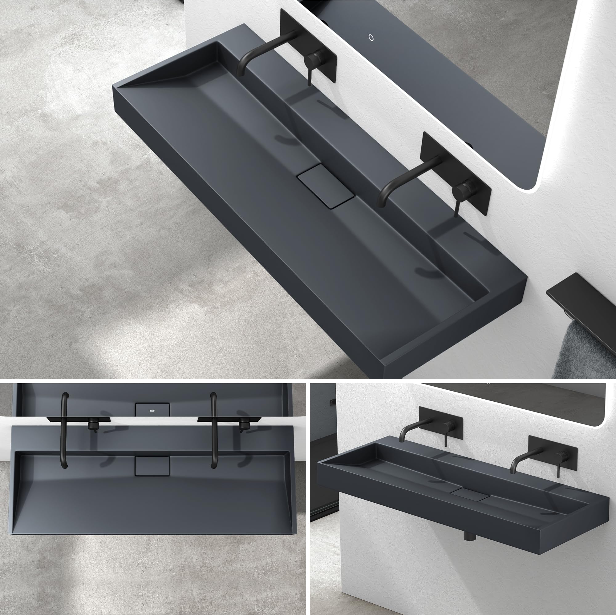 Mai & Mai Lavabo antracita mate de mármol fundido con válvula de desagüe 100x46x11cm lavabo rectangular sin orificio para grifo lavabo sobre encimera lavabo Colgante Col19