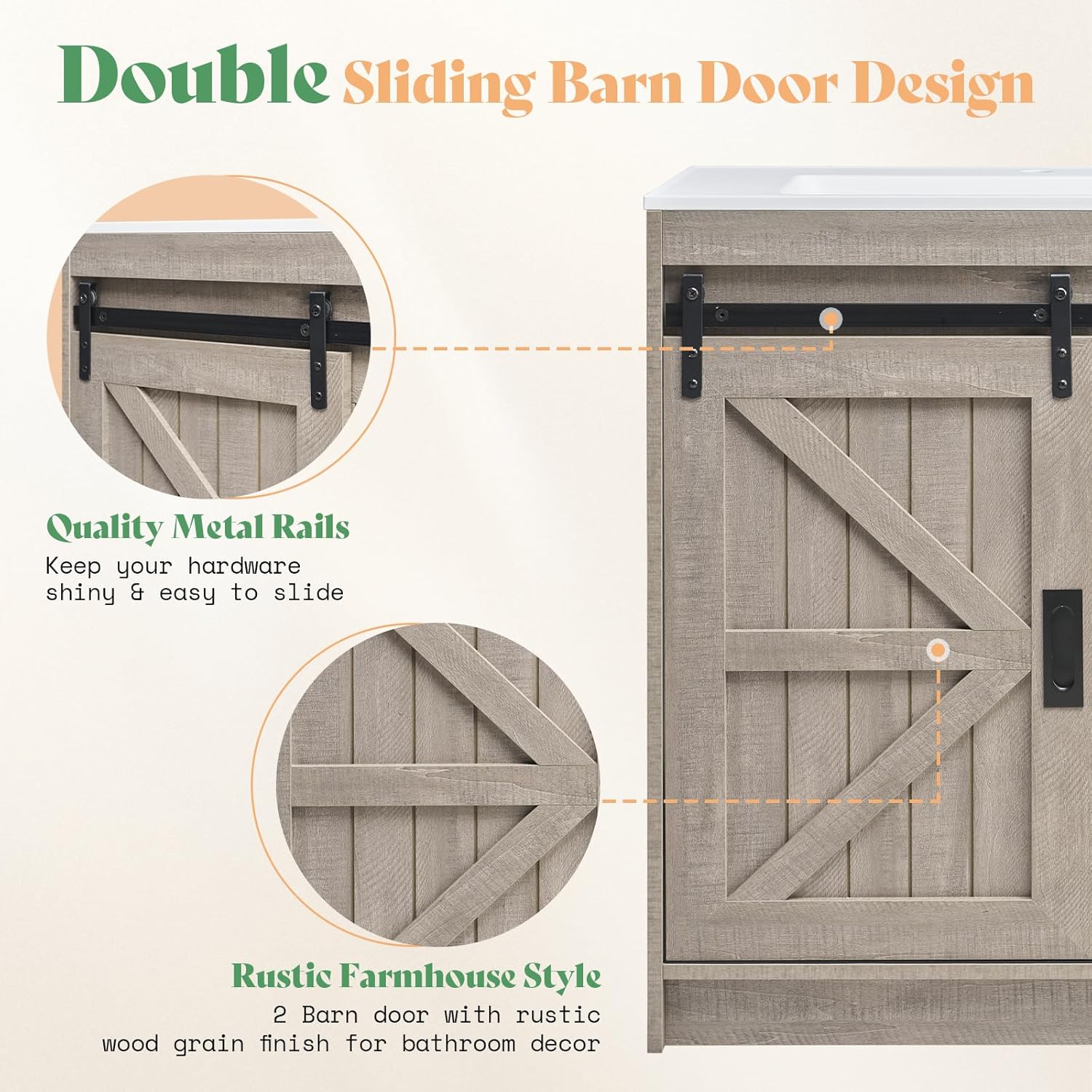 AMERLIFE Double Farmhouse Bathroom Vanity with Sink, 61in Sliding Barn Door Bathroom Storage Cabinet with Sliding Doors & Drawers, Dual Basin, Large Double Bath Vanity Sink Combo, Light Grey