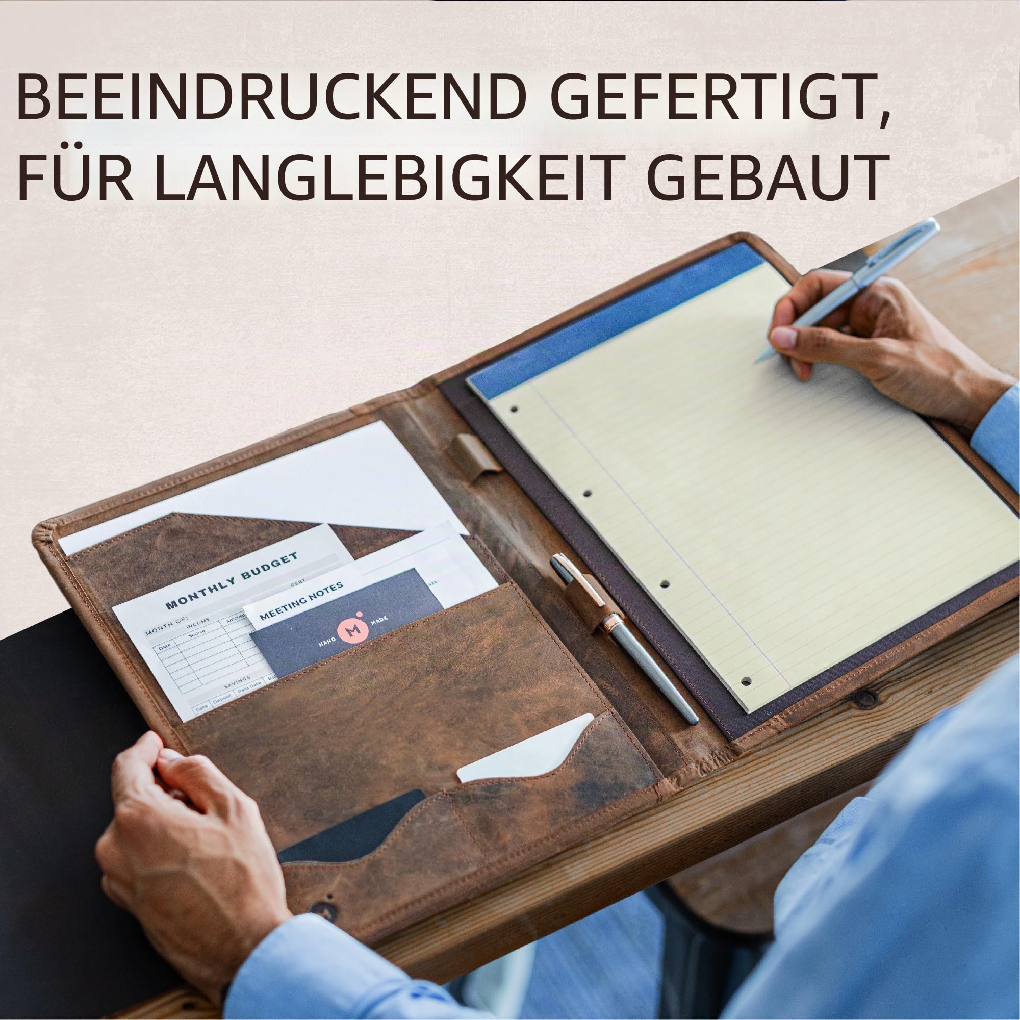 Moonster Leder Portfolio - Vintage Ledermappe A4 Dokumente - Klemmbrett - Dokumentenmappe - Aktenmappe - Konferenzmappe - Schreibmappe A4 Leder Braun, 33 x 25 cm