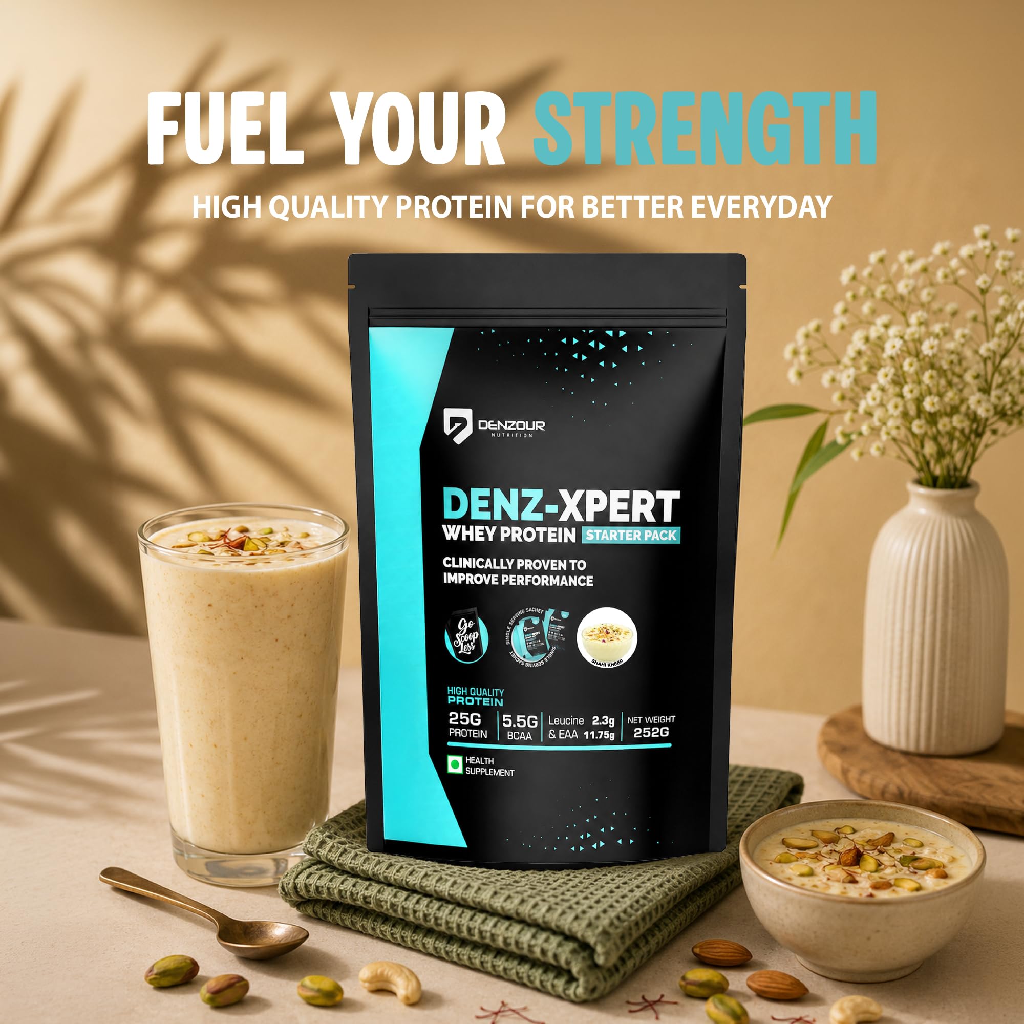 DENZOUR NUTRITION Denz - Xpert Whey Protein Powder| Easy Digesting Muscle Recovery, Muscle Growth & Improved Strength | 25gm Protein, 5.5g BCAA- 7 Sachets, Shahi Kheer Flavour- 252g (7 Servings) 1