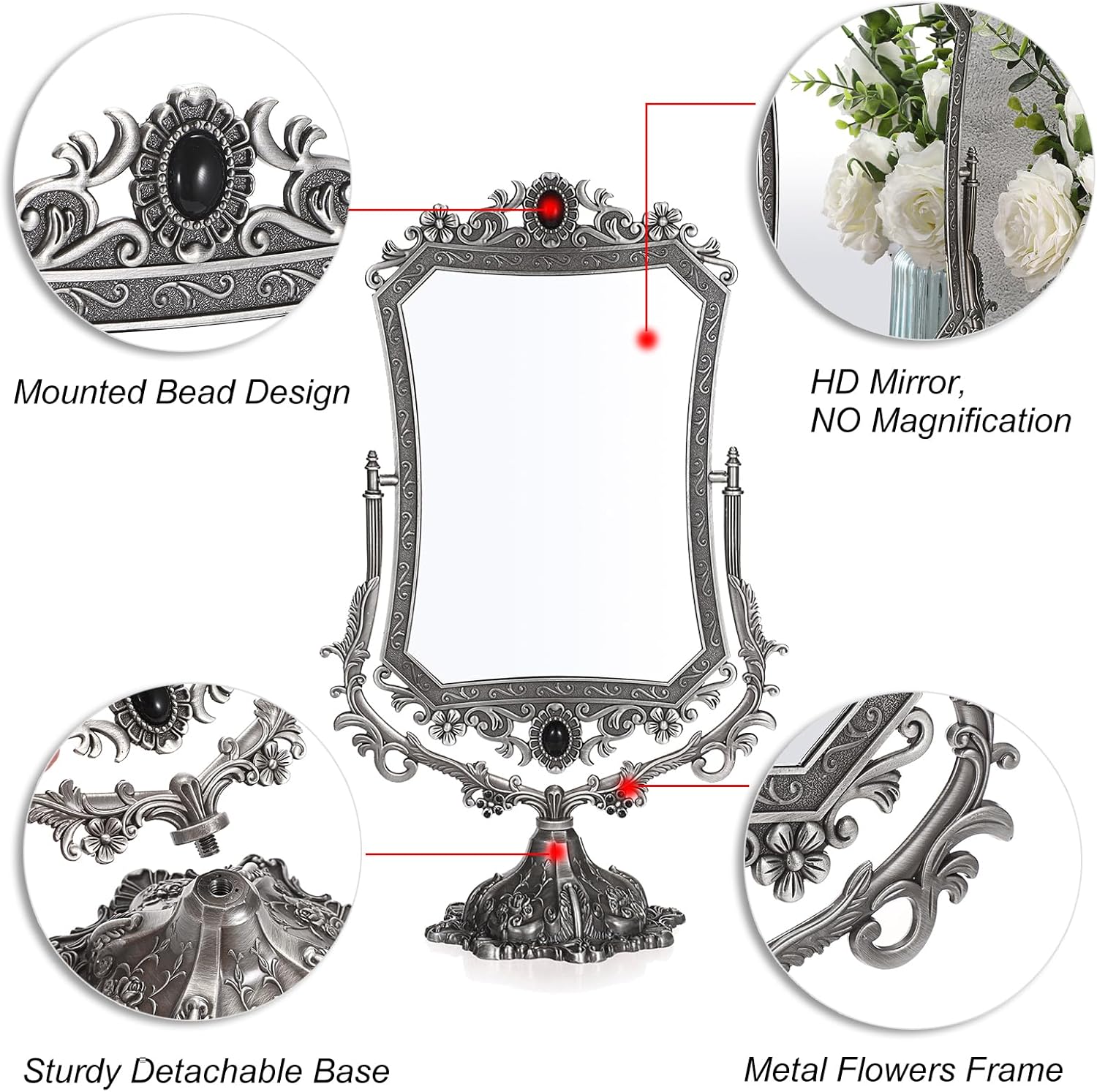 JUXYES Metal Tabletop Antique Decorative Makeup Mirror with Stand, Vintage 360° Swivel Double Sided Cosmetic Mirror with Frame, Retro Desktop Dressing Mirror Magic Mirror for Dresser