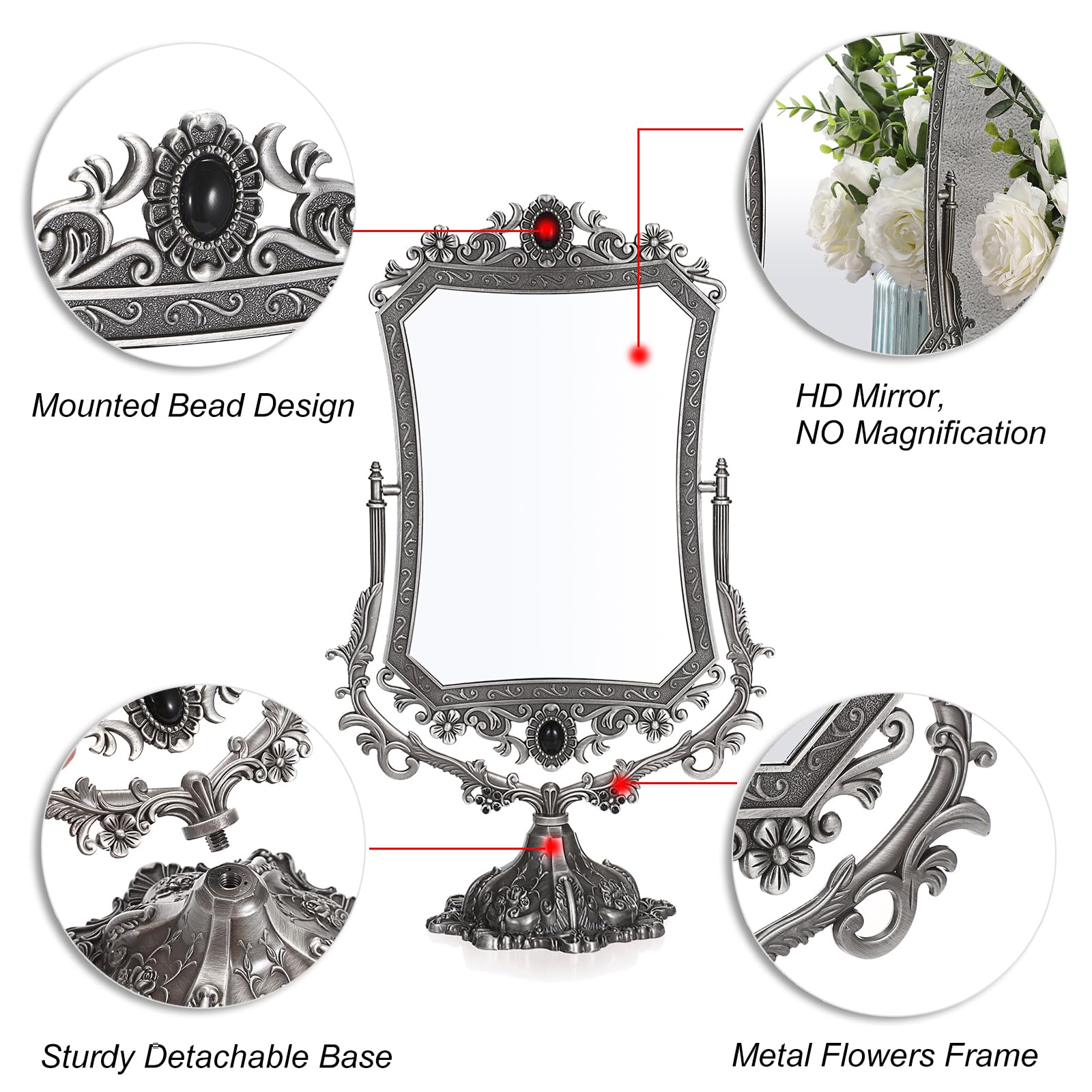 JUXYES Espejo de maquillaje decorativo antiguo de metal con soporte, espejo cosmético de doble cara giratorio de 360° con marco, espejo mágico de escritorio retro para tocador, plateado