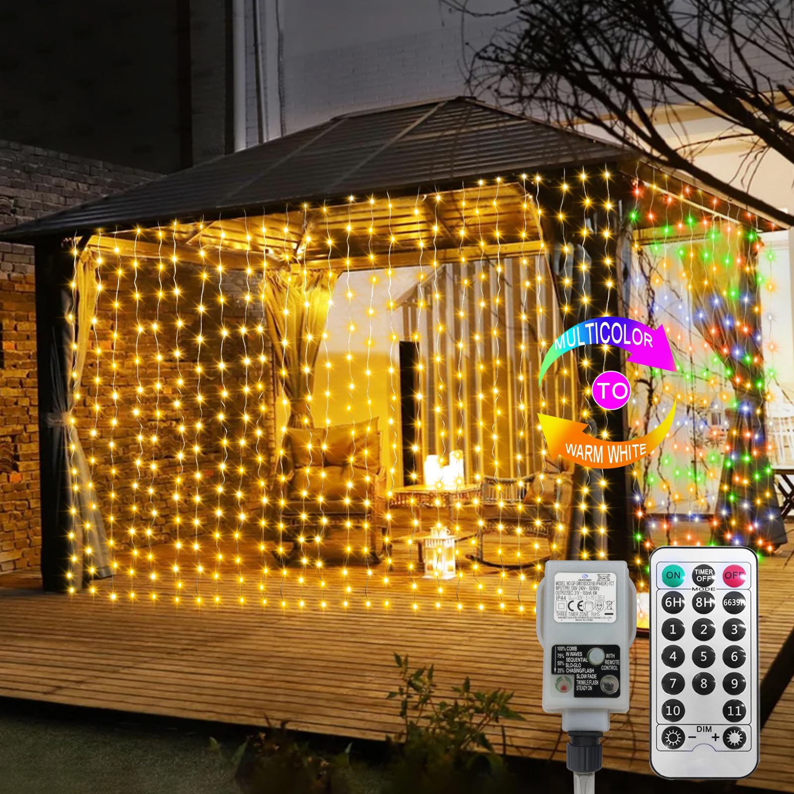 ZAIYW 6mx3m 600 LED Curtain Lights, Dual Color Curtain String Light with Remote Timer Plug in, Waterproof Curtain Fairy Lights for Bedroom Wedding Christmas Outdoor Decor (Warm White & Multicolor)