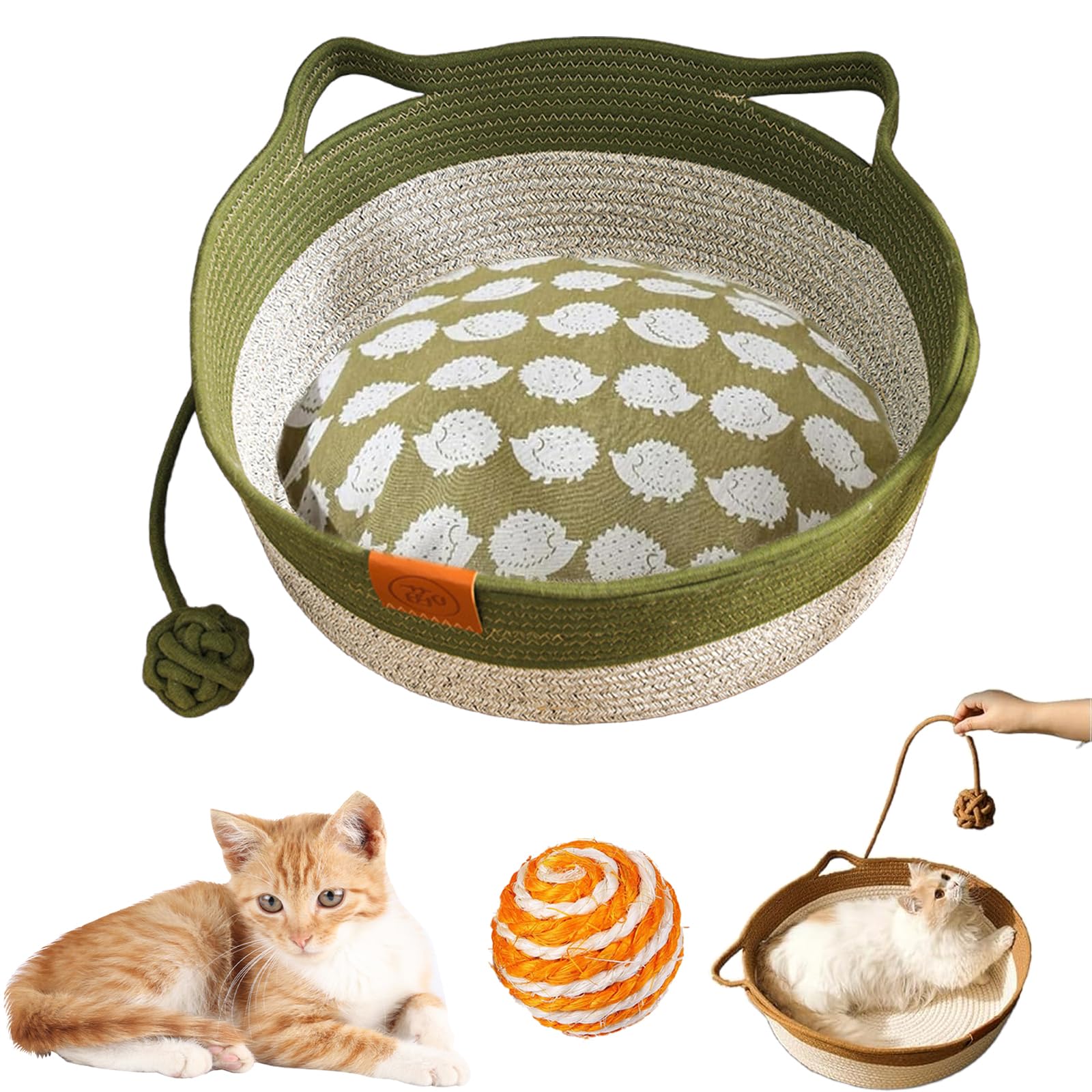HItianya Virelapets Woven Rope Cat Basket, Virela Woven Rope Cat Basket, 13” /16” /18” Dual Pets Scratching Pad, Hand Ropes Cats Bed with Built-In Scratching Mat & Play Ball (Green (Padded), 16 in)
